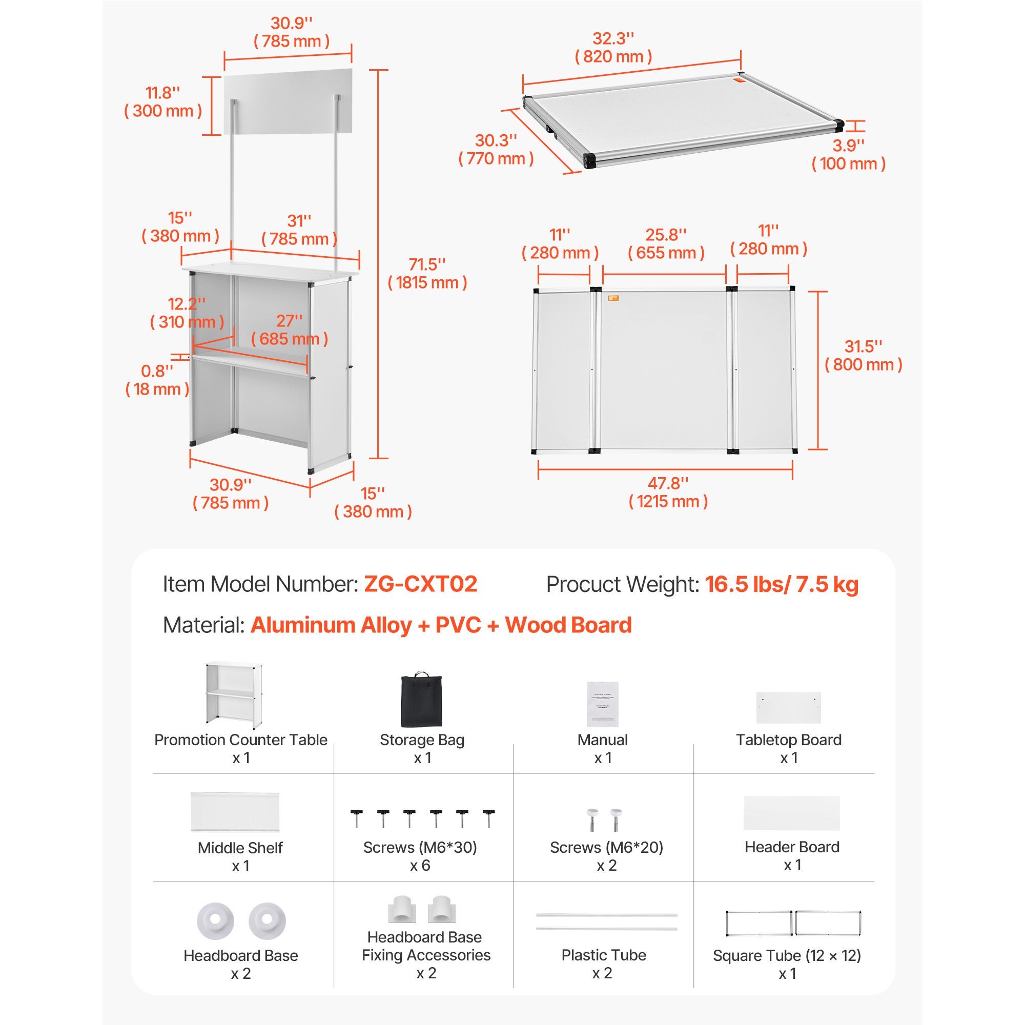 Portable Tradeshow Podium Table, 785 x 380 x 1815 mm, Display Exhibition Counter Stand Booth Fair with Wall, Foldable Promotion Retail Bar Table Pop Up Podium — image 4