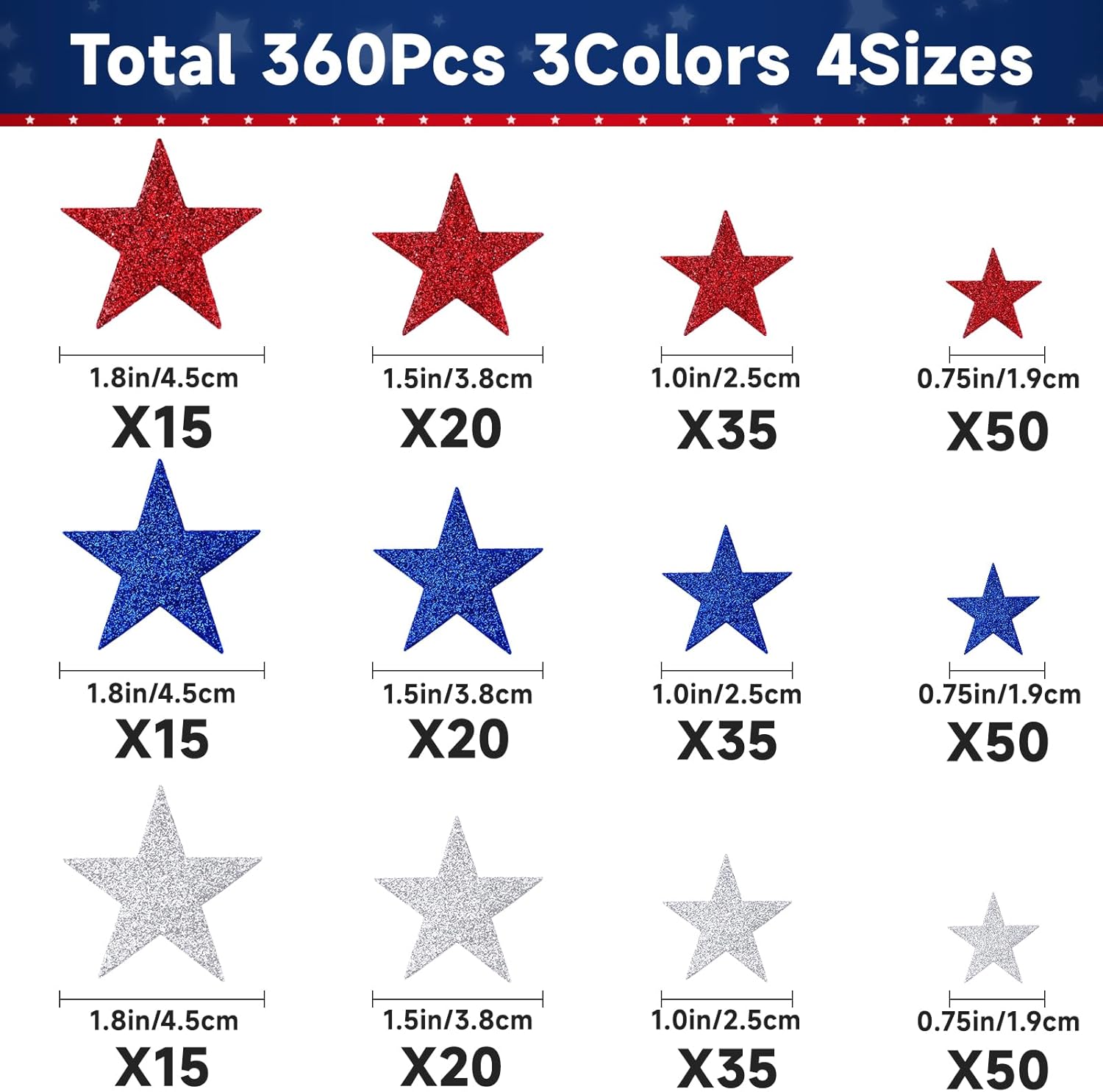 360Pcs Star Stickers - Red Blue Silver USA Patriotic Star Stickers Self Adhesive 4th of July Sticker Glitter Foam Stars Shaped Sticker for Kids Reward Art — image 2