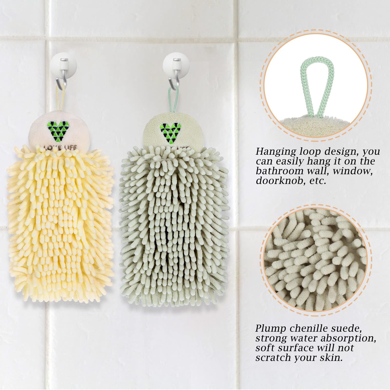 2 Pcs Towels Hanging Fuzzy Ball Hand Towels Chenille Hand Towels for Bathroom Hand Towels with Hanging Loops Beige and Light Green โ image 3