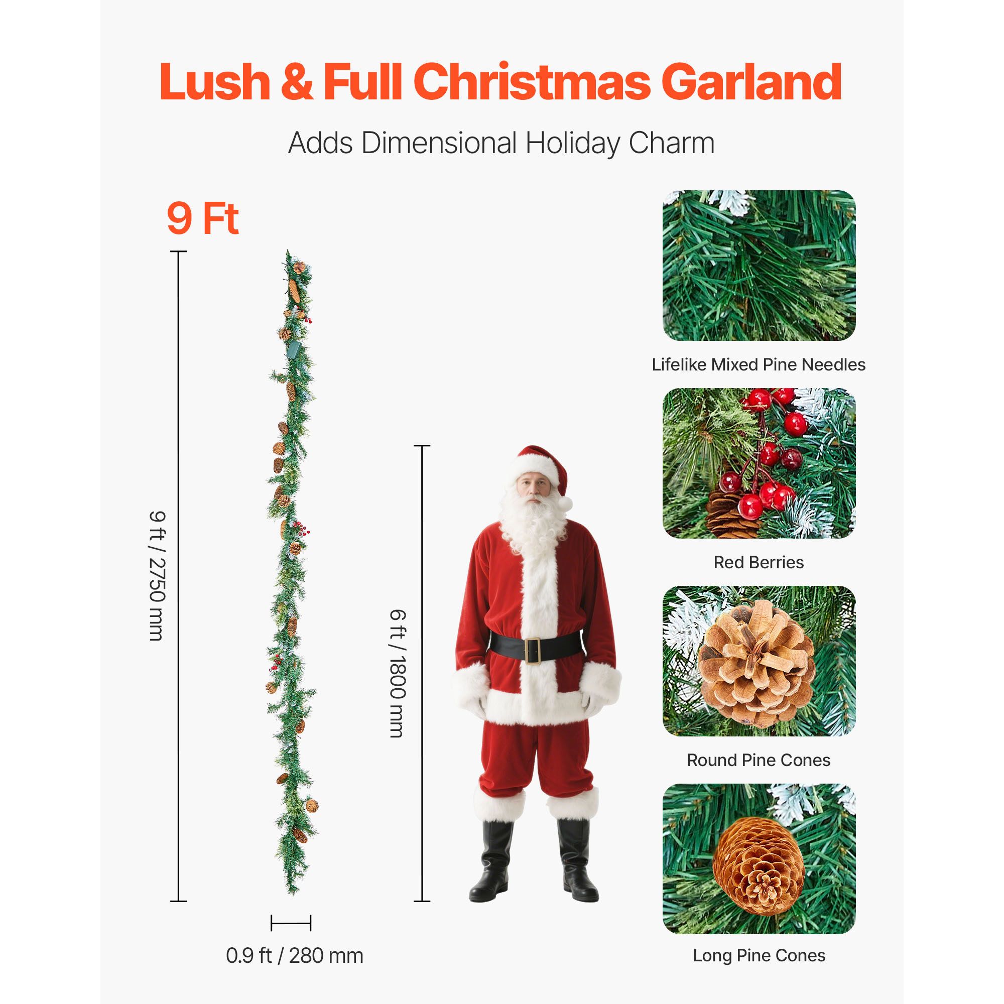 Christmas Garland, 2750mm Artificial Christmas Garland with Light String, Faux Greenery Decoration with Berry Clusters, Pine Needles, Pine Cones, Realistic — image 2