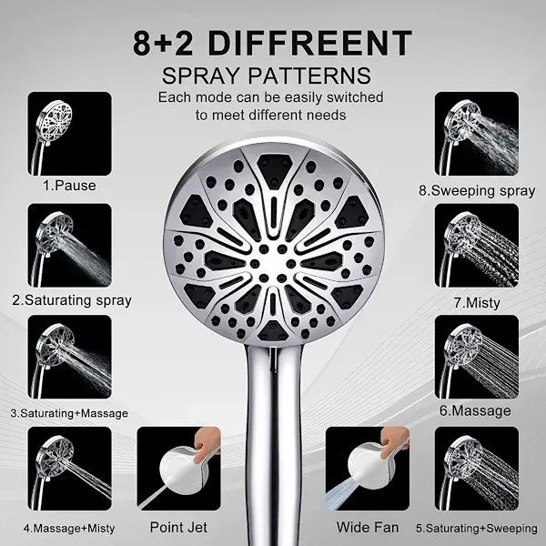 Shower Head 8+2 Functions Handheld Shower Nozzle with High Pressure Water Jet and Detachable Hose, high-pressure spray — image 5