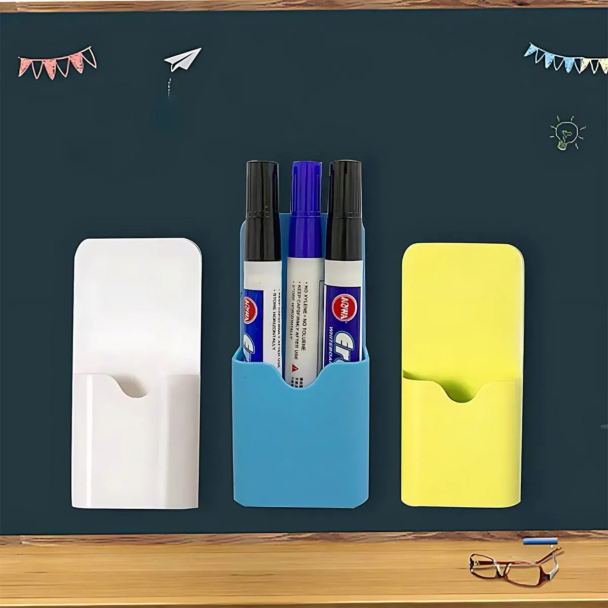Plastic Pen Holder Box with Back Mount Clip for Whiteboard or Fridge Use - Yellow — image 6