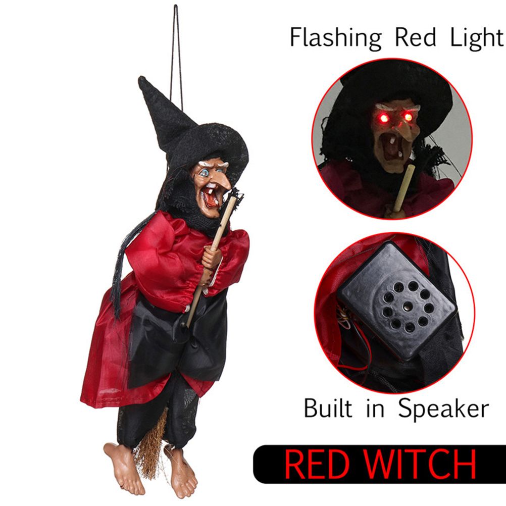 Halloween Hanging Witch Dolls Voice Control Prop Animated Ghost Scary Riding Broom Wall Hanging Party Outdoor Home Decoration Toy — image 3