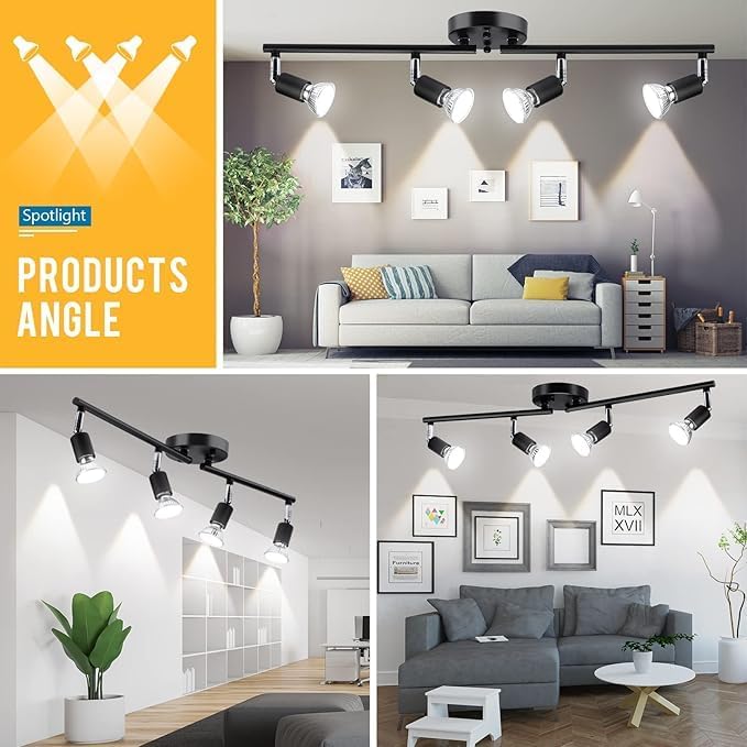 Kitchen Lights,Ceiling Lighting Kits, Swivelling Ceiling Spotlight for Bedroom, Kitchen and Living Room(GU10 LED Bulbs not Included) (4 Way Black) — image 3