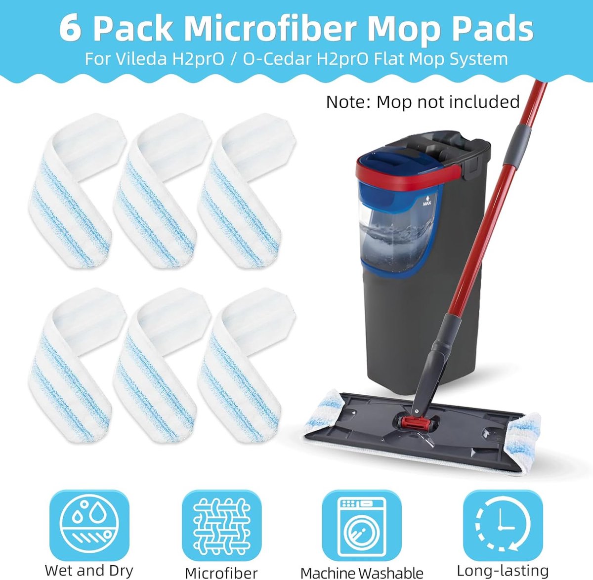 6-piece replacement mop pad set suitable for O Cedar H2prO mop system, suitable for Vileda H2PrO Flat Mop Refill Kit - mop head replacement - replacement mop — image 5