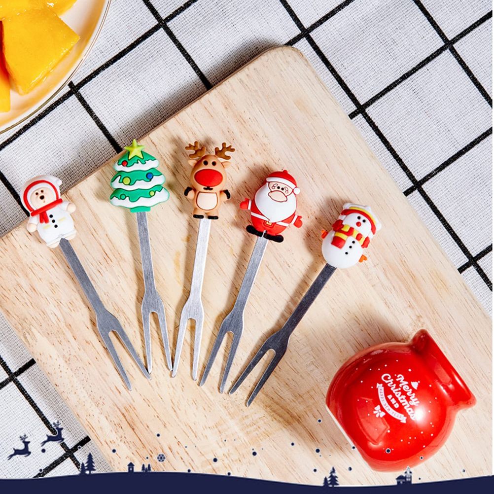 Christmas Silicone Fruit Fork Salad Fork Stainless Steel Children s Food Fork with Ceramic Cup Holder Reusable Fruit Fork Christmas Gift โ image 4