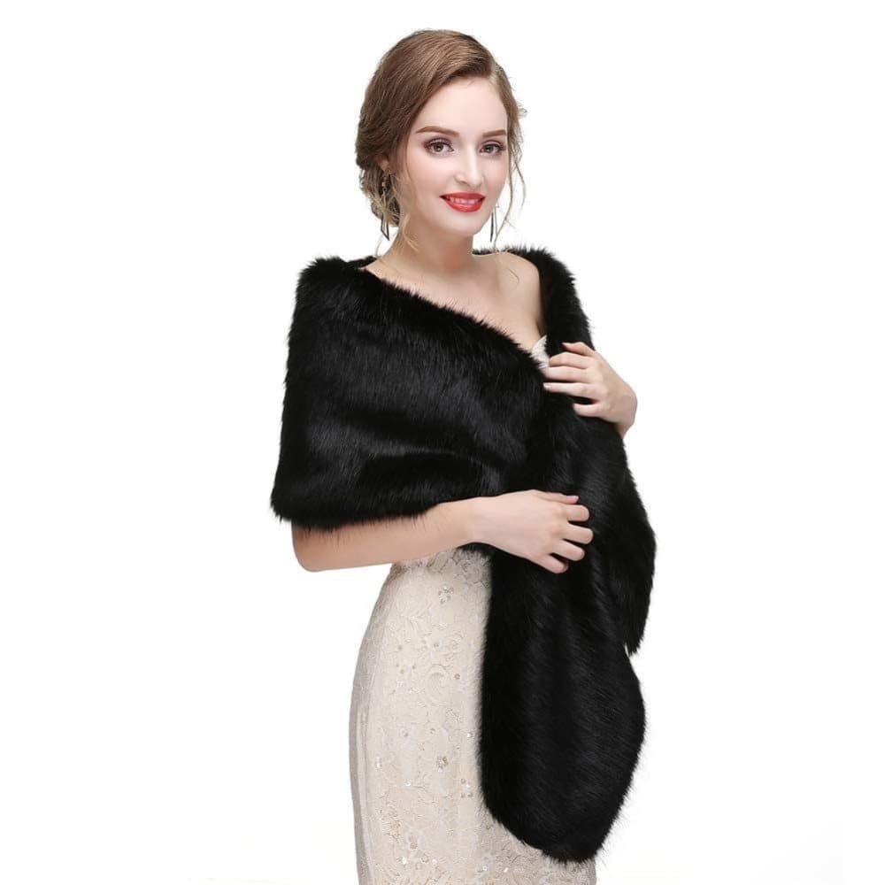 Black Faux Fur Scarf Shawl for Women, Warm Long Large Bridal Shoulder Warmer for Party Wedding Evening Dress Winter Use — image 2