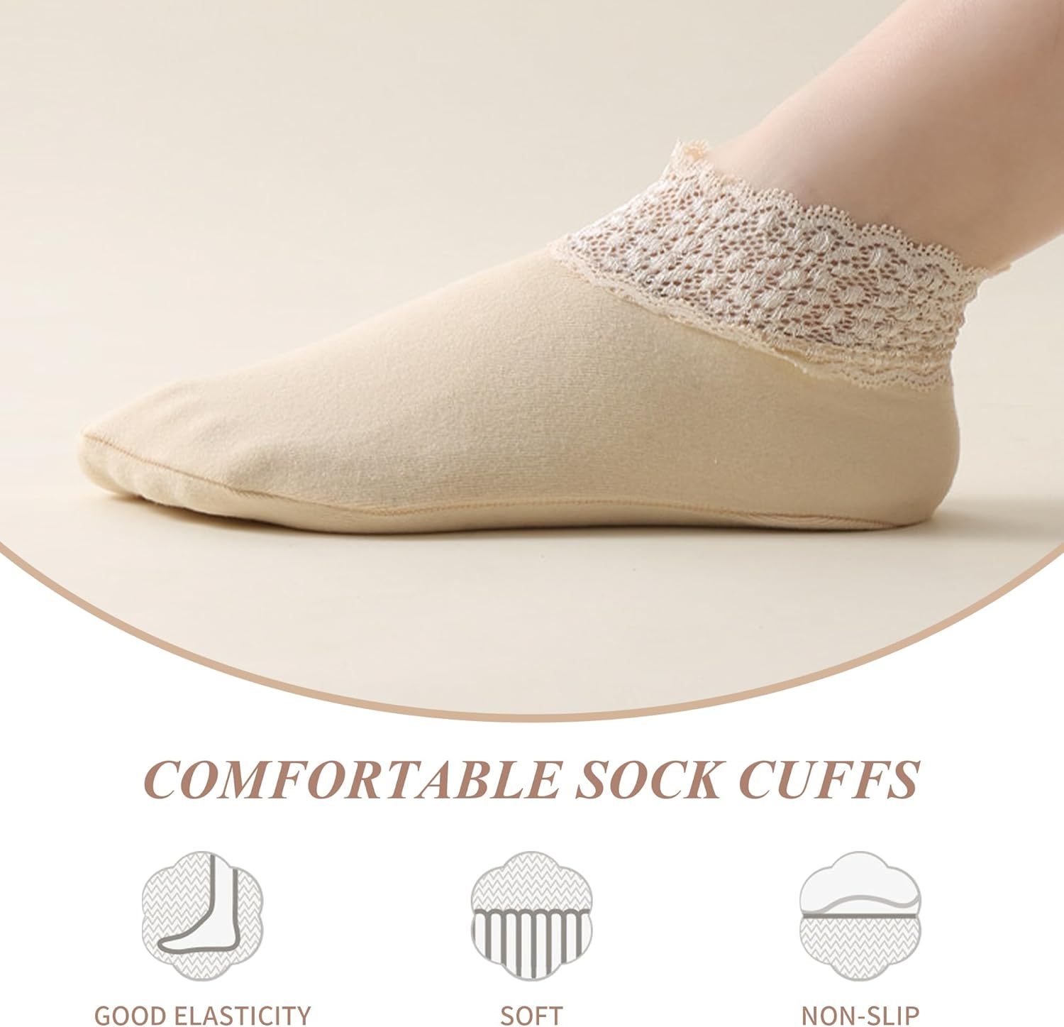 3Pairs Lace Socks No Show Frilly Ankle Knit Cotton Non Slip Low Cut for Women Floor Beige One Size — image 5