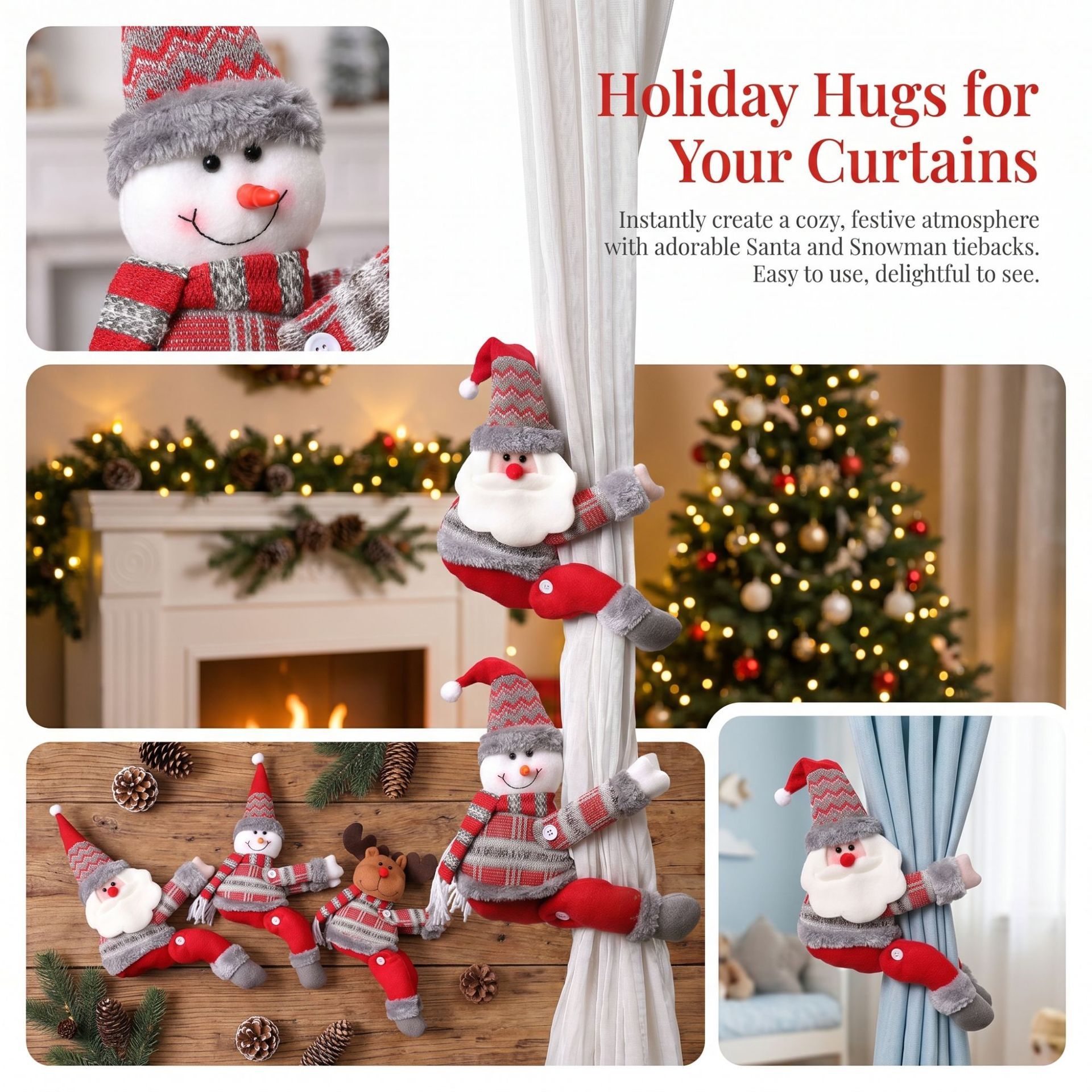 Santa Claus Christmas Curtain Tiebacks, Large Plush Doll Holdbacks - Curtain Festival Charm for Christmas in July, Winter Christmas, Yulefest, Secret Santa — image 3