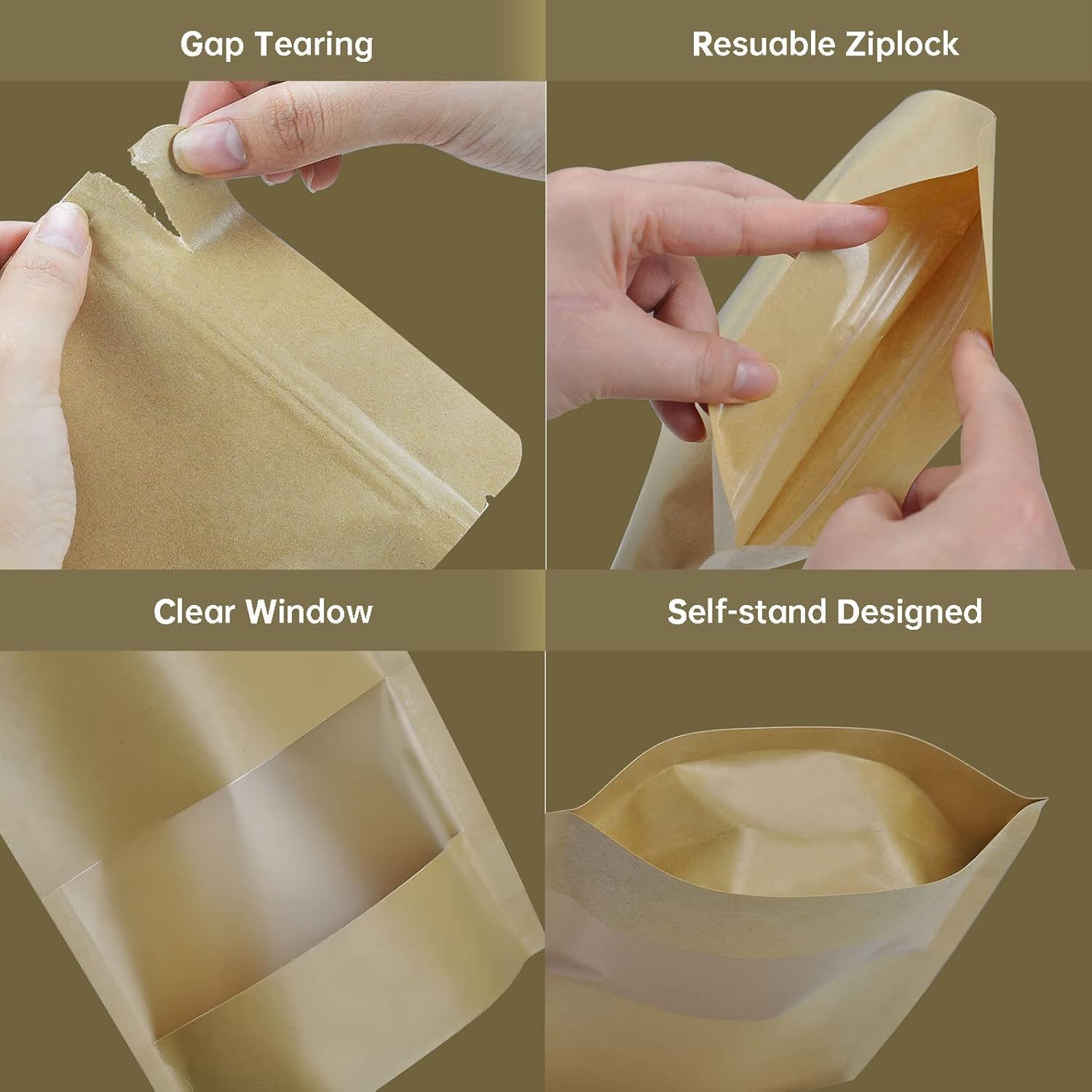 120pcs 4.7"x7.8" Kraft Bags with Window Zipper Lock Stand Up Bulk Pouches Resealable Bags, Smell Proof Mylar Bags for Food Storage, Stand-up Resealable Food — image 3