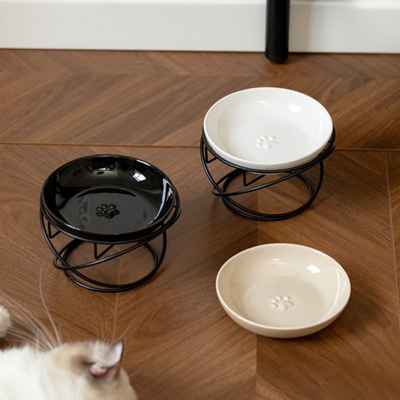 Raised Ceramic Pet Bowl with Metal Stand White - Paw Print Cat and Dog Feeding Bowl, Removable Easy-Clean Dish with Elevated Design for Food and Water — image 2