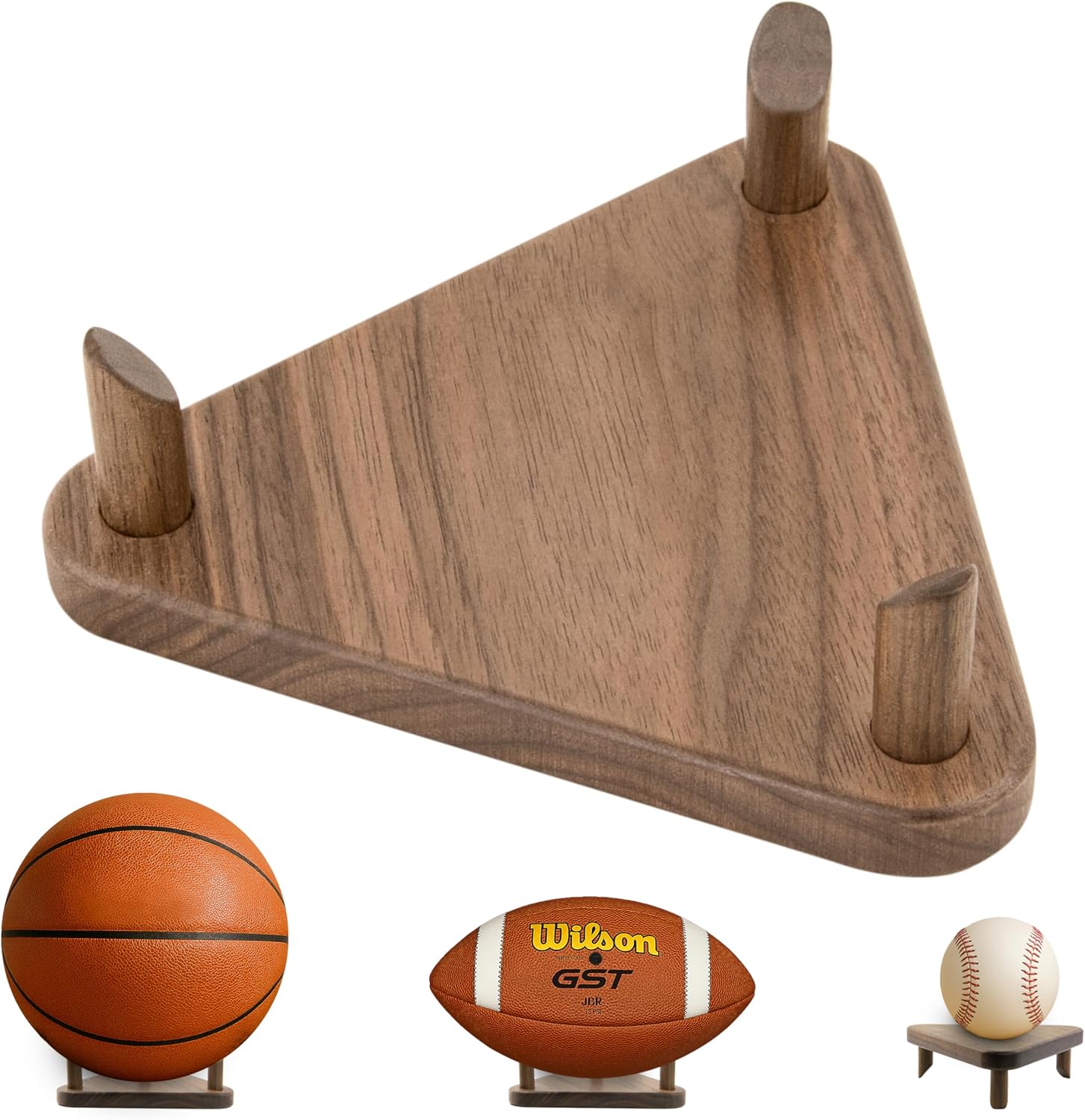 Premium Wooden Ball Display Stand Solid Walnut Wood Basketball Rugby Football Holder Triangular Autograph Sports Souvenir Display