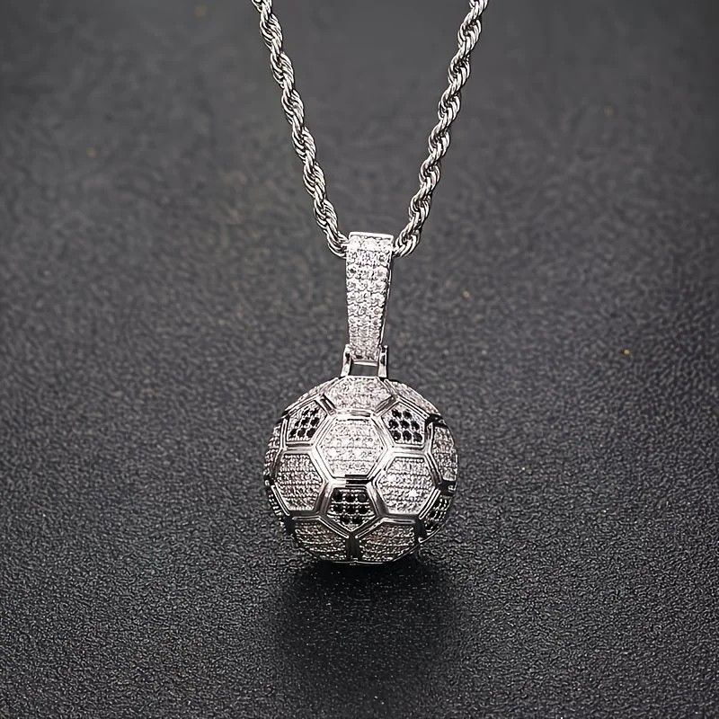 Football Hollow Pendant Necklace, Synthetic Zirconia Setting, Hip Hop Sporty Style, Trendy and Versatile.(golden) โ image 2