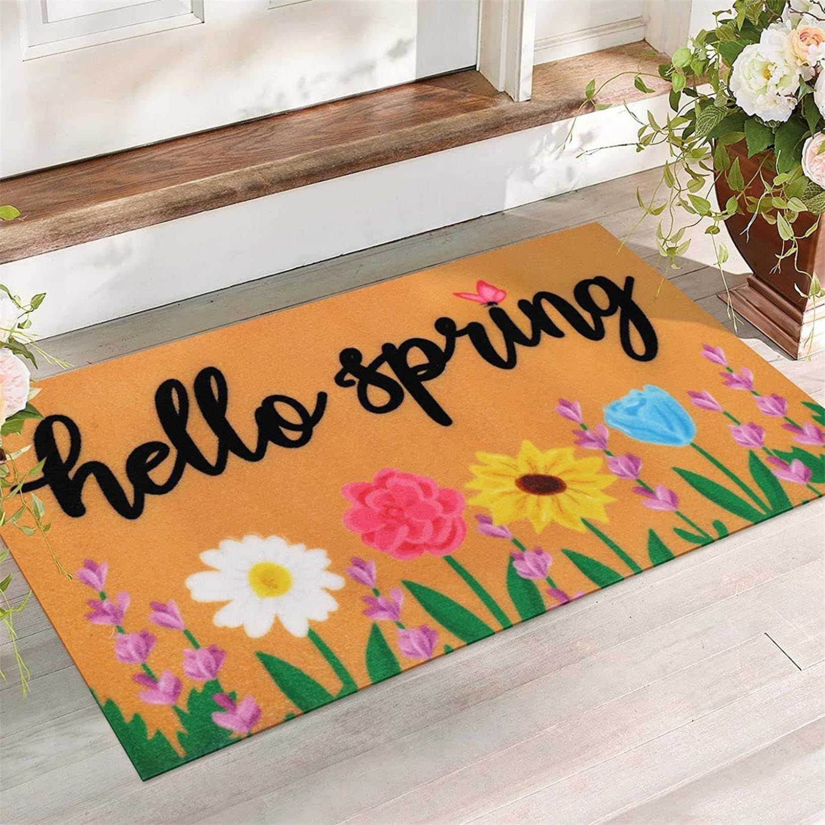 packingSpring Welcome Doormat Small Blue Flowers and Green Leaves Welcome Floor Mats Kitchen Indoor and Outdoor Decoration — image 2