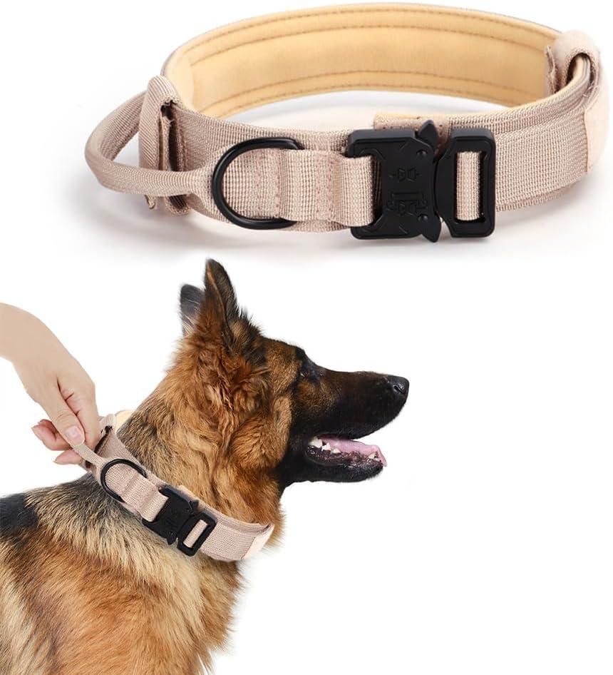 Tactical Dog Collar Adjustable Nylon Training Collar with Control Handle Khaki - XL