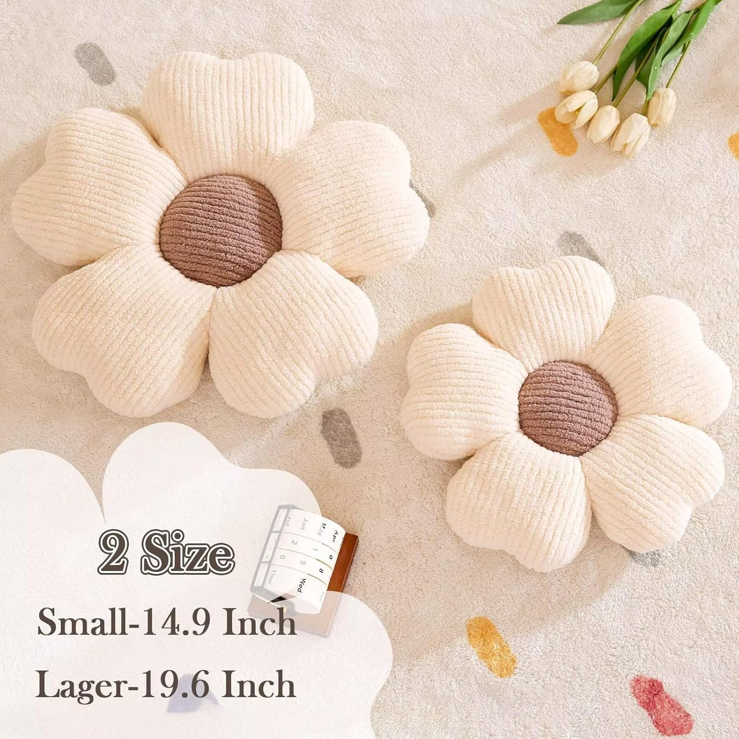 Flower Throw Pillow, Cute Flower Shaped Pillow Decorative Throw Pillow for Bed Couch, Soft Daisy Pillows Floor Seating Cushion Cushions (14.9 Inch Ivory+Brown) — image 2