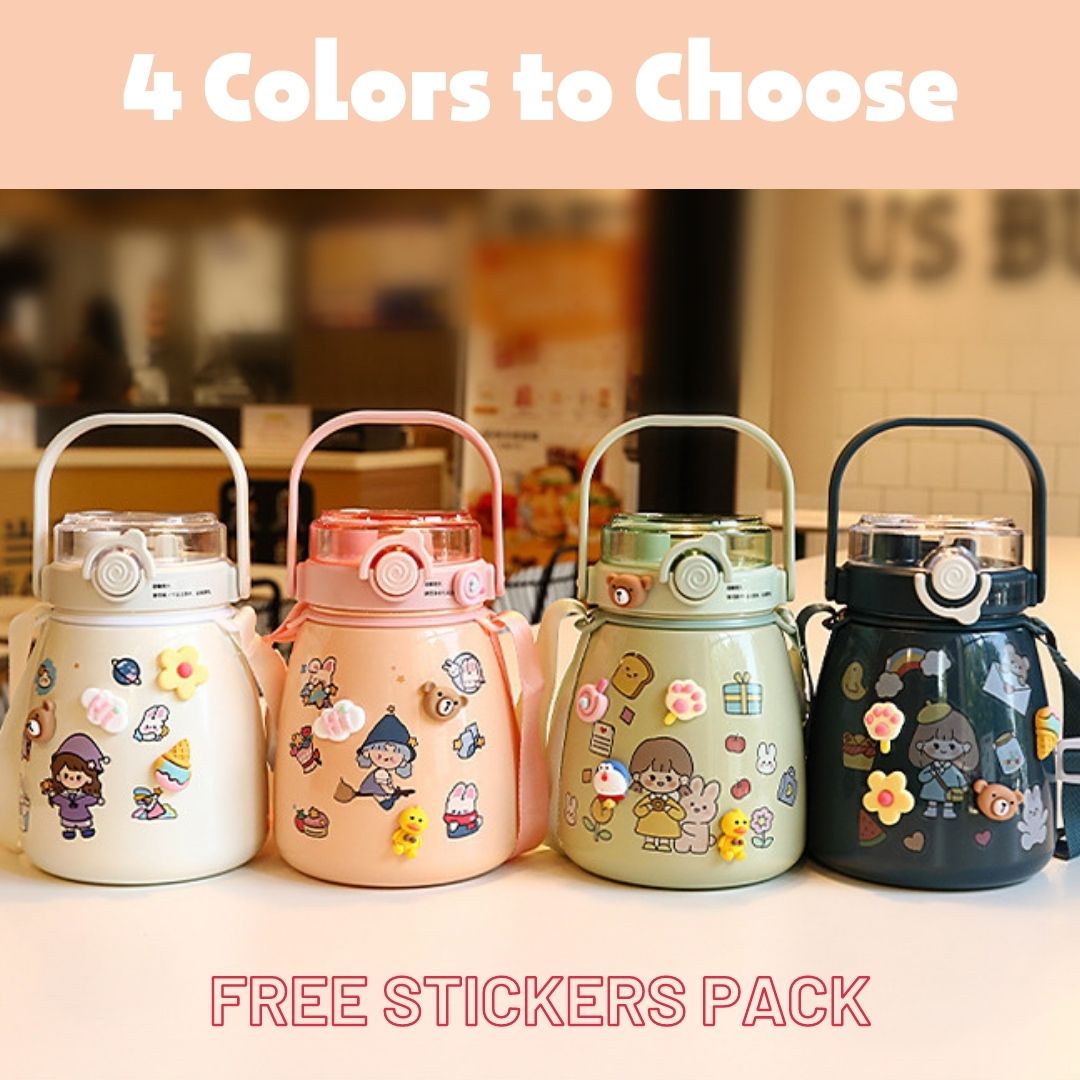 1000ml Large Water Bottle Stainless Steel Straw Water Jug with FREE Sticker Packs (Pink) โ image 2