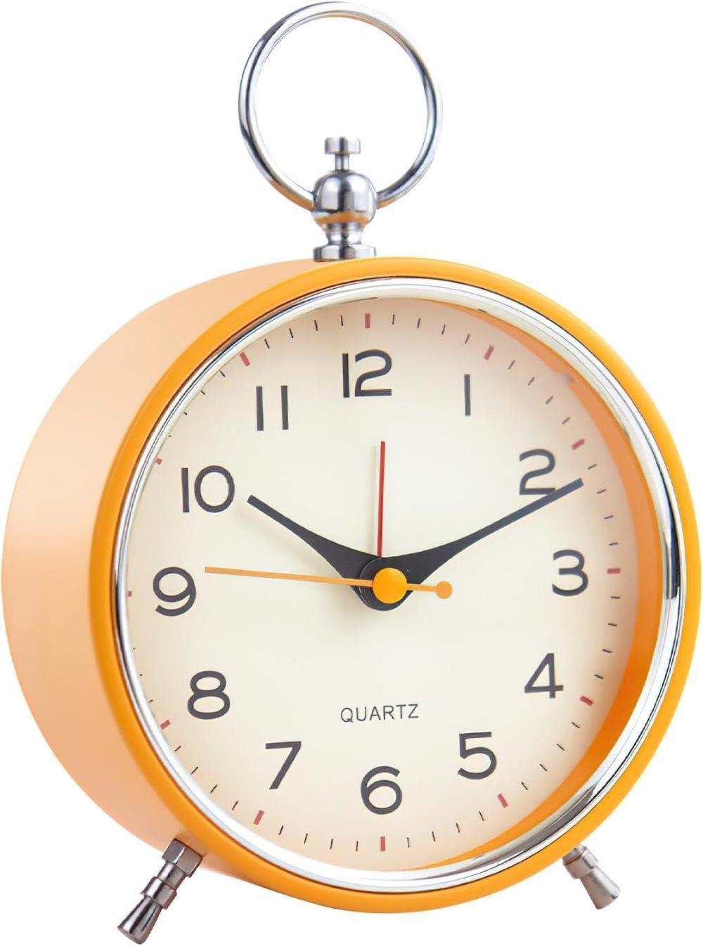 Silent Analog Alarm Clock with Snooze Button, Retro Design and Lighting, 16x11 cm, Orange