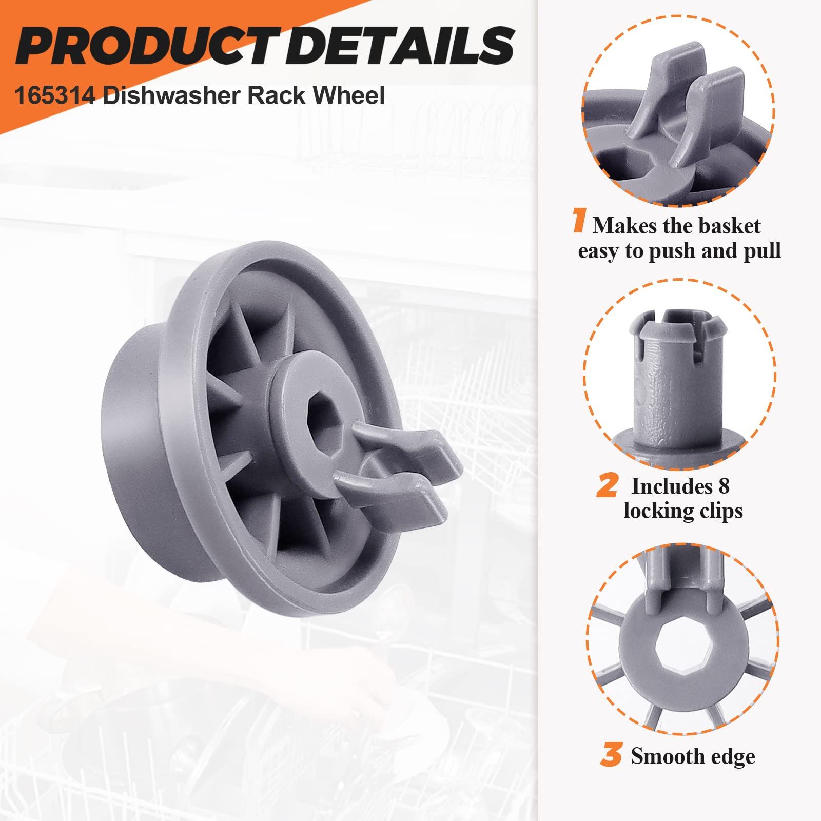 8 PACK Dishwasher Lower Rack Wheel Fit for Dishwasher, 165314 Dishwasher Wheels Replace 420198 AP2802428 PS3439123 423232 — image 3