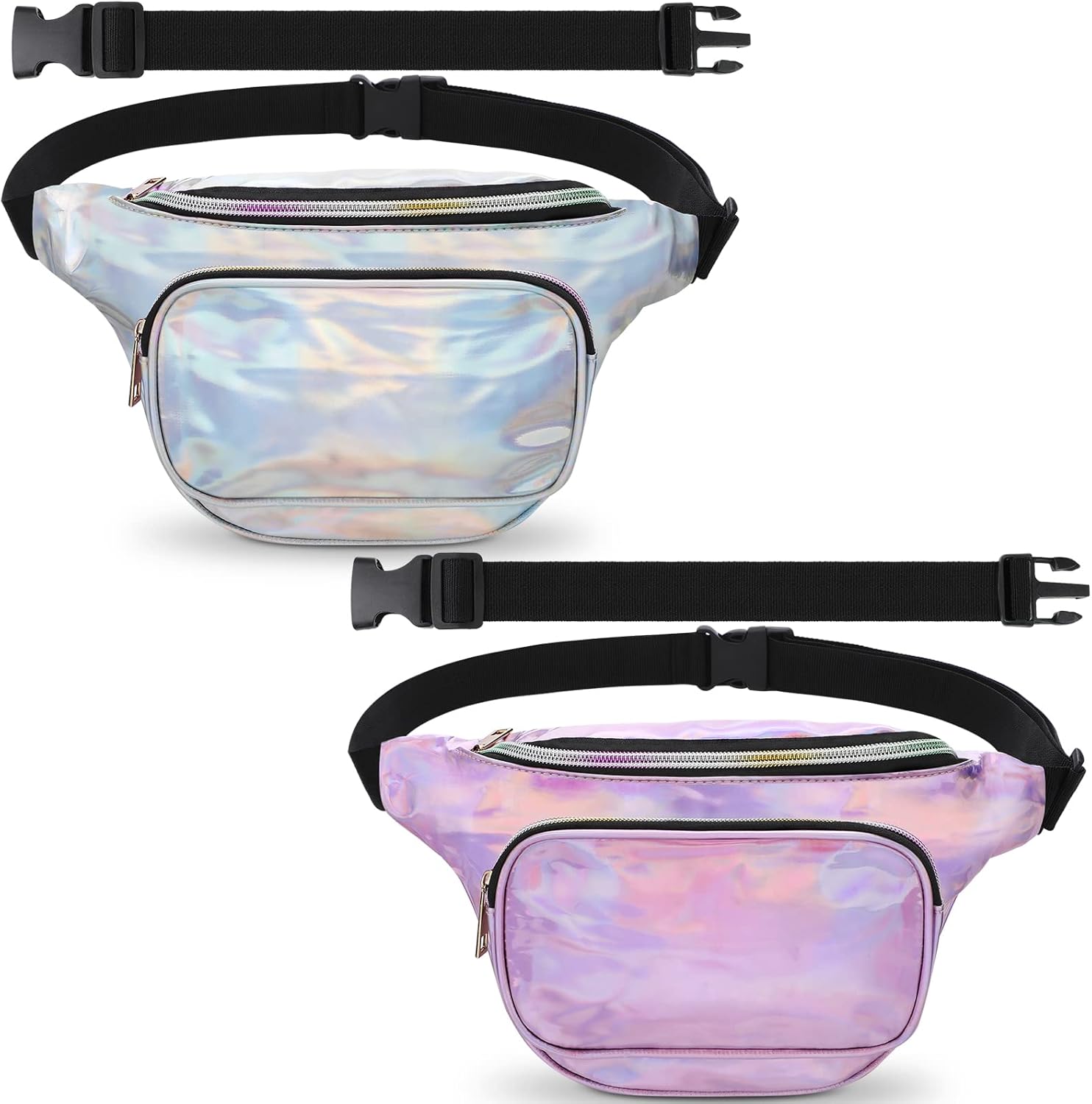 2 Pcs Holographic Plus Size Fanny Pack for Women 80s Waist Packs with Extender Fanny Bag with Adjustable Belt Metallic Color Bag Large Capacity for Party