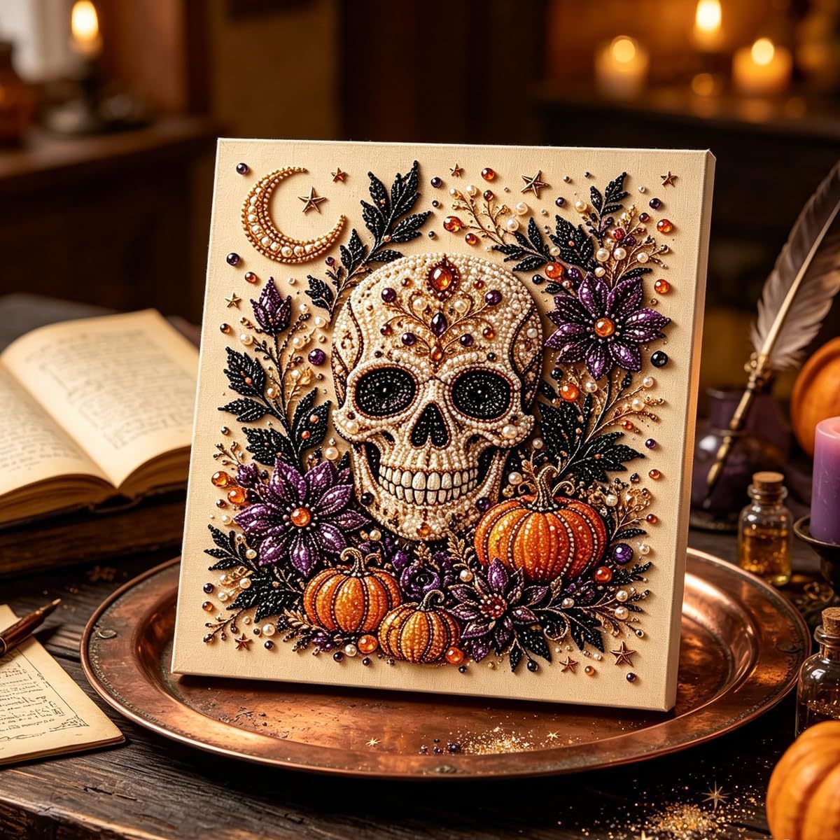 DIY Halloween Wreath‑Style Black Cat Diamond Painting Kit, Pearl Bead Art 20×20cm, Pre‑Stretched Inner Frame, Plastic Sealed Package with Full Set — image 6
