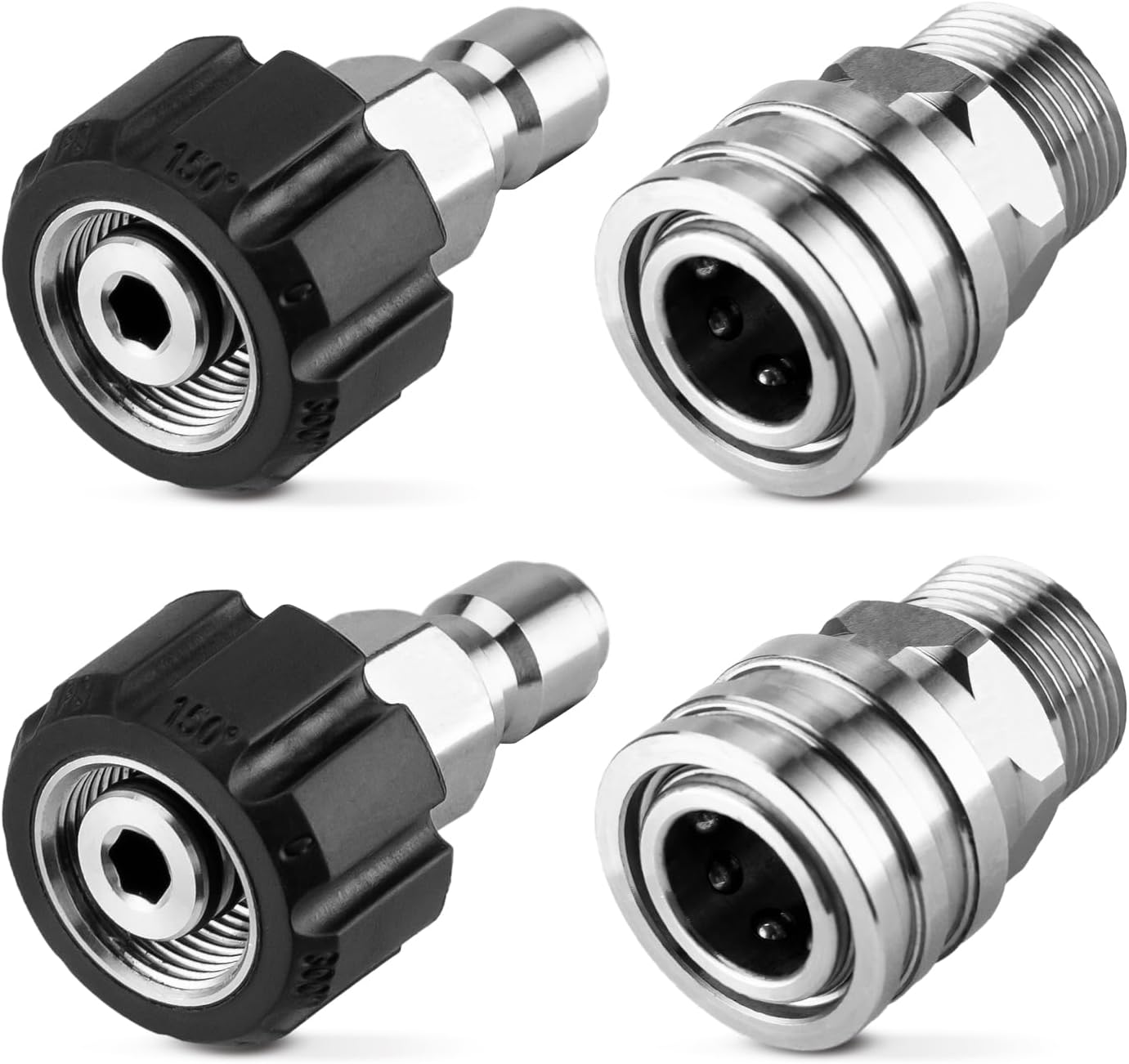 Pressure Washer Adapter Set, Stainless Steel Pressure Washer Quick Connect Kit, M22 14mm to 3/8" Quick Connect Swivel Fittings, 4 Pack