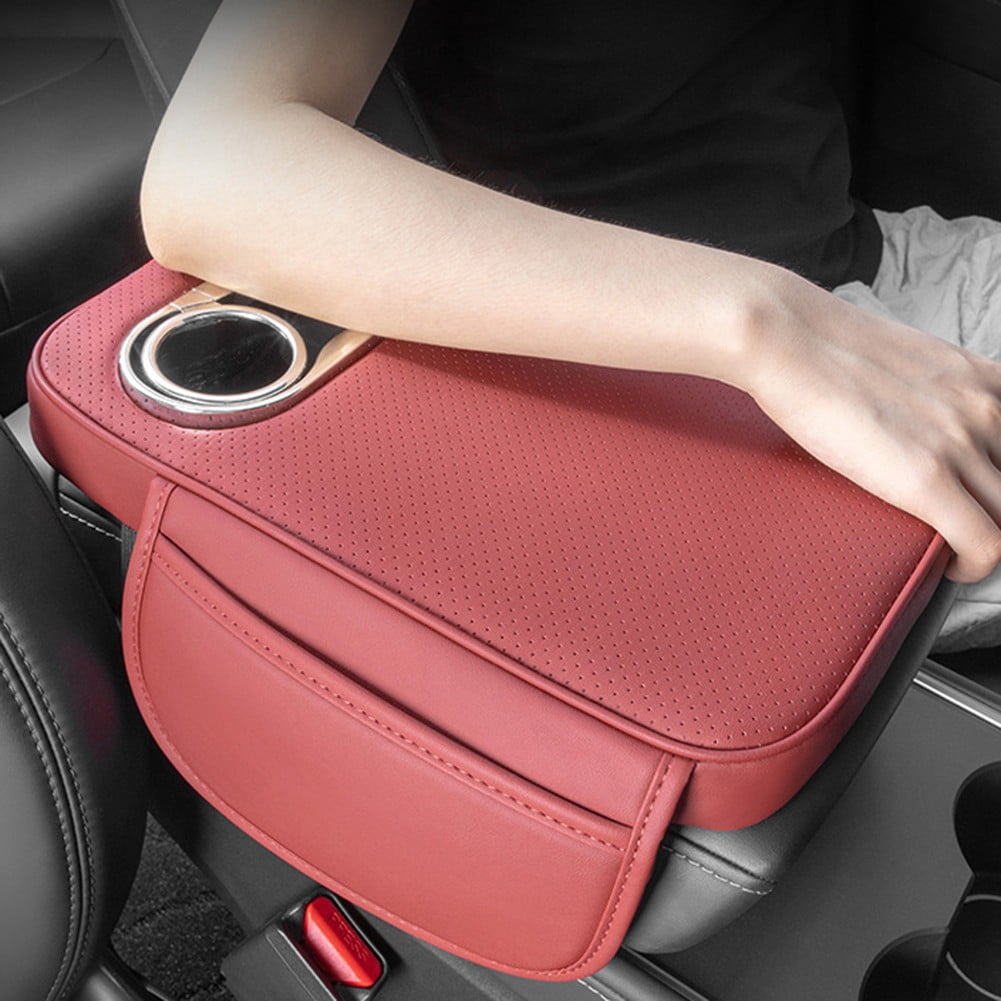 Car Armrest Cushion With 2 Cup Holder And Side Pocket Pu Leather Beige — image 3