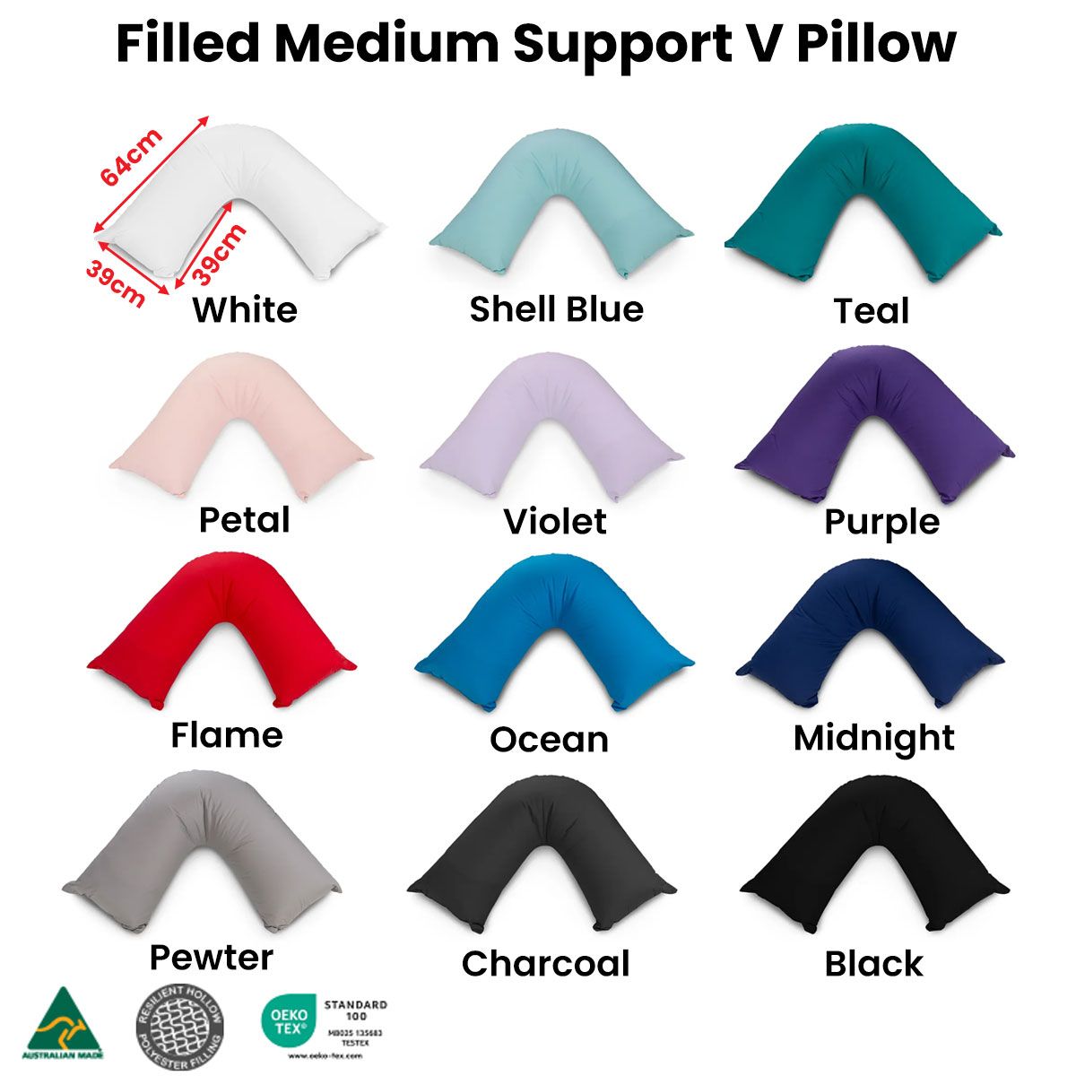Easyrest Aus Made Medium Support Filled V Shape Pillow 64 × 39 cm Shell Blue — image 2