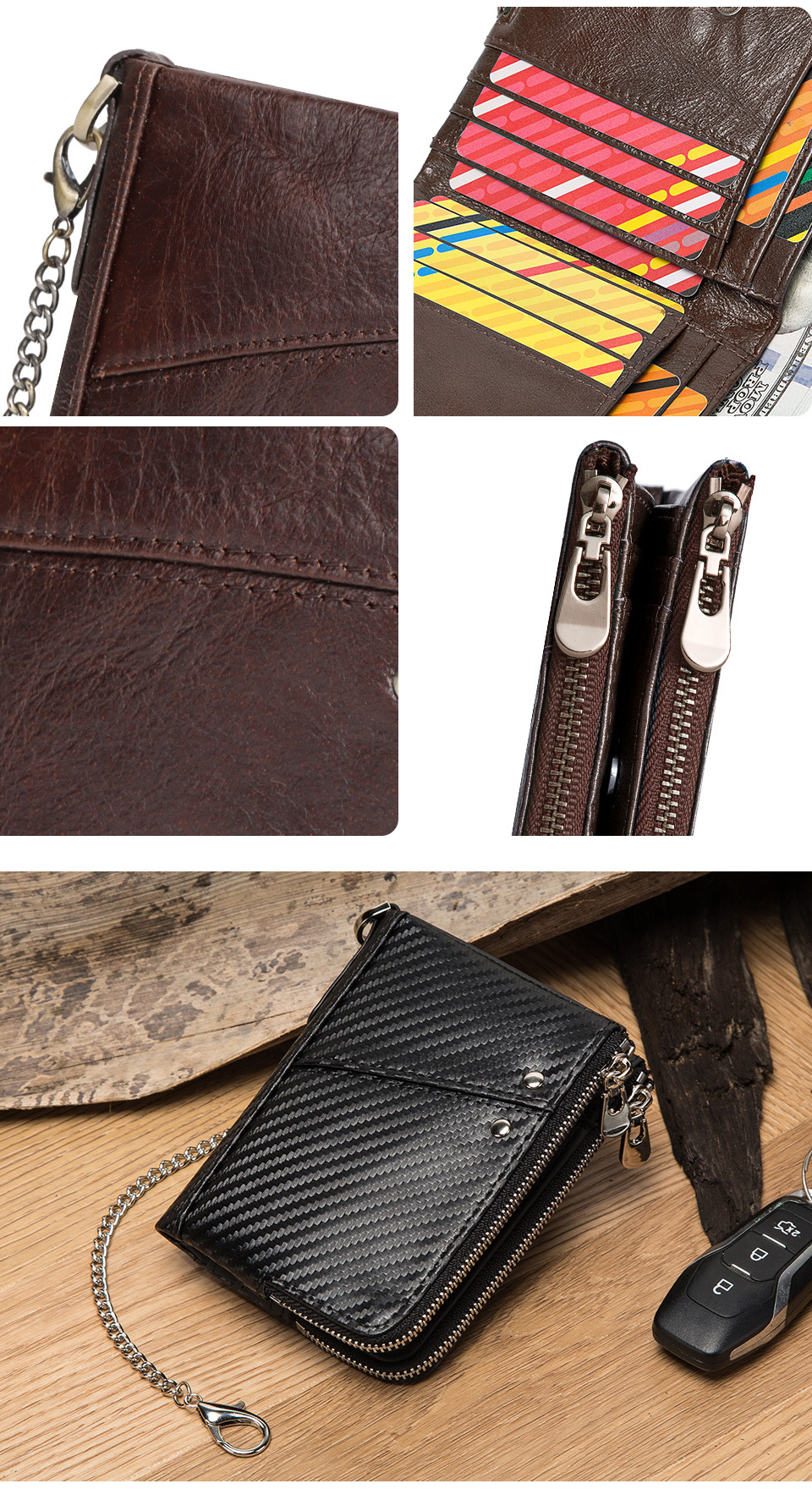 Genuine Leather Mens Wallet Double Zipper - RFID Blocking Bifold Card Holder with Coin Pocket - Black Gift for Him — image 6