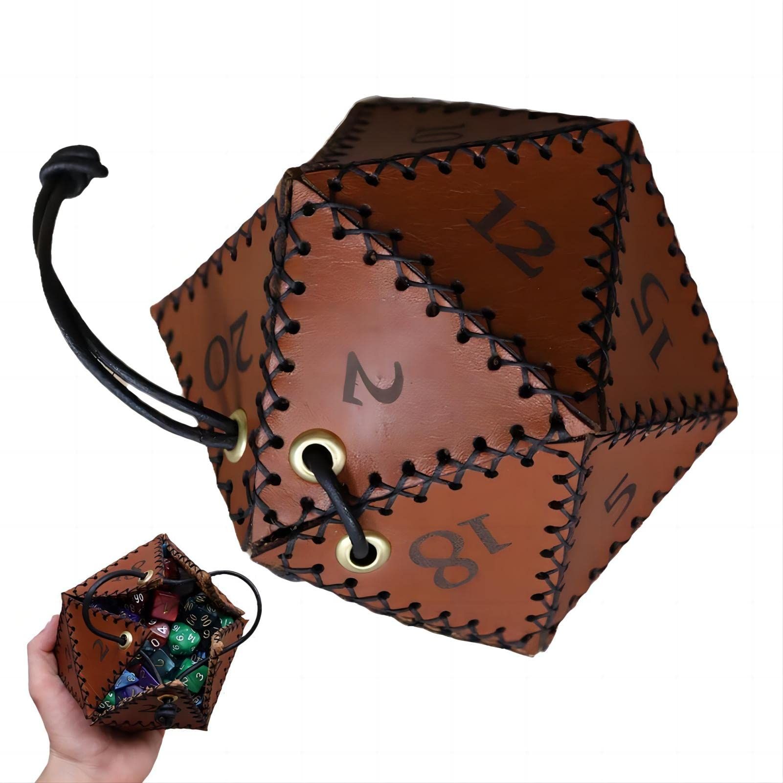 Leather D20 Dice Bag, Polyhedral Dice Pouch Portable Drawstring Bag for RPG,Game,DND Dice Bag, Brown