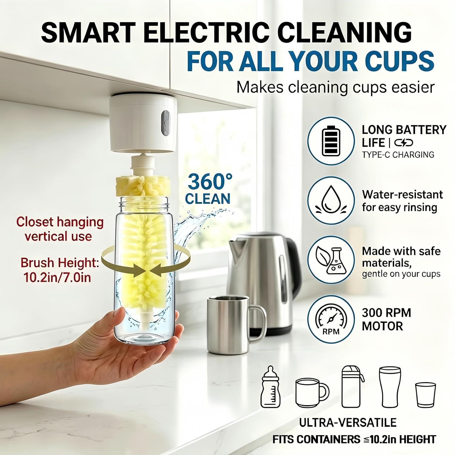Rechargeable Electric Bottle Cleaner with Dual Brush Heads, 360° Rotating Cup Washing Brush for Mugs and Tumblers, Hanging Hands-Free Design, Type-C Charging — image 2