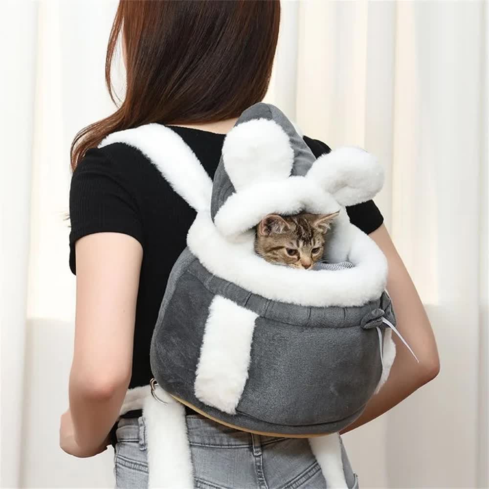 Grey 2-in-1 Ultra-Soft Plush Pet Carrier & Mobile Bed - Portable & Lightweight Cute Cat Ear Design Travel Cabin (L 33 x 25 x 27CM) β image 5