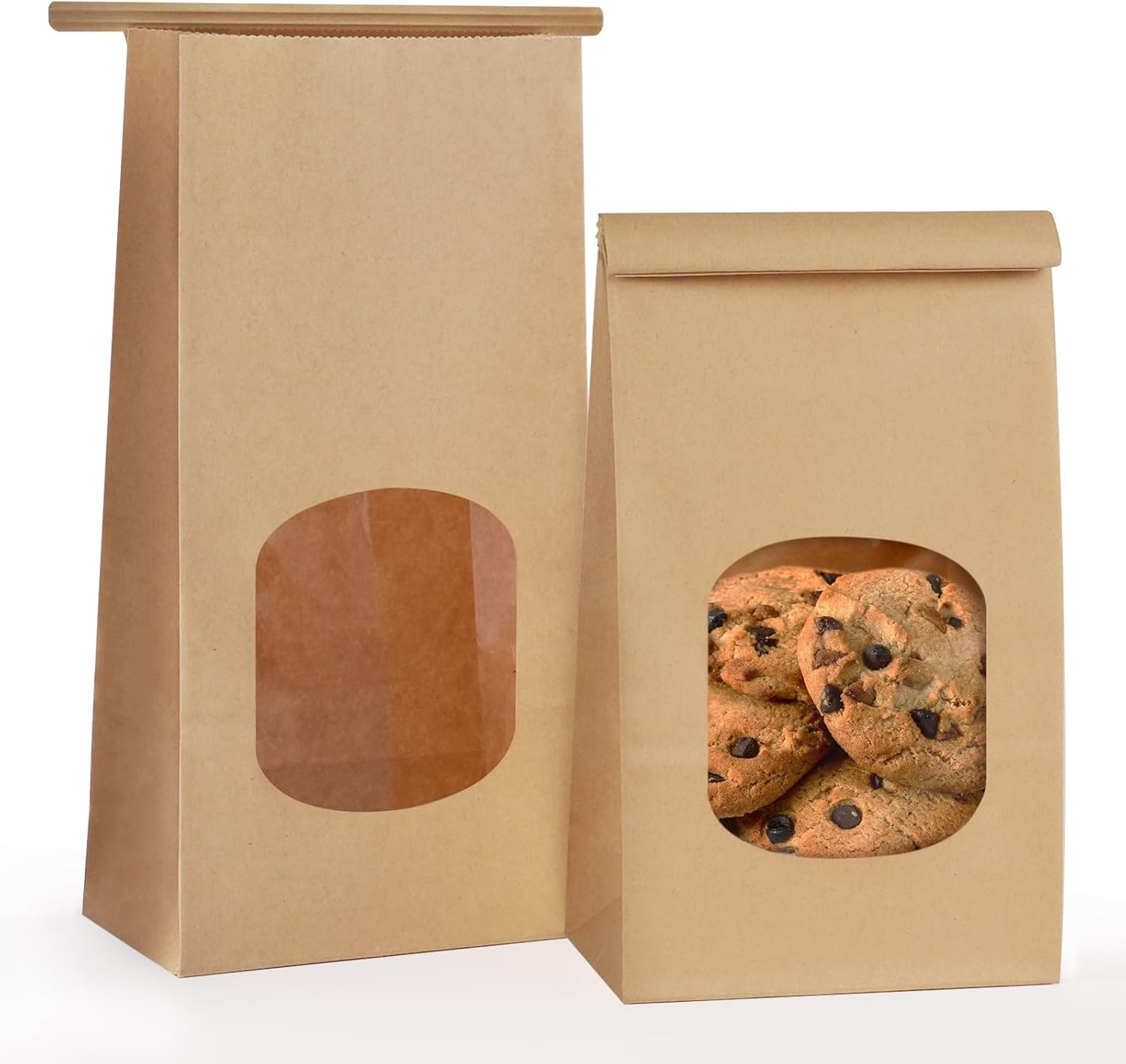 50 Pack Bakery Bags with Window, 3.9 × 2.3 × 8 Inches Tin Tie Tab Paper Cookie Bags Brown Small Gift Bag for Packaging Popcorn, Trail Mix, Treats, Snacks