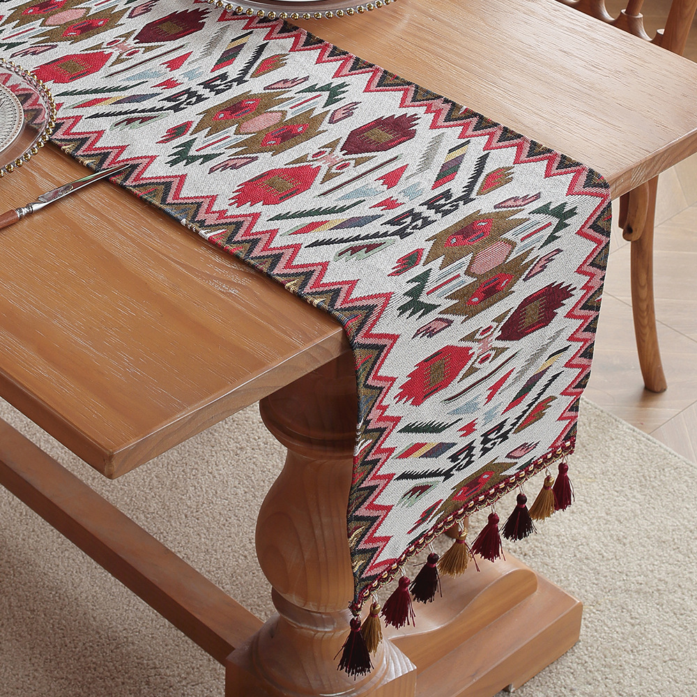 Posey's Geometry American Retro Jacquard Embroidered Table Runner - Cotton and linen fabric Light Luxury Table Mat 30cm x 180cm with Tassels