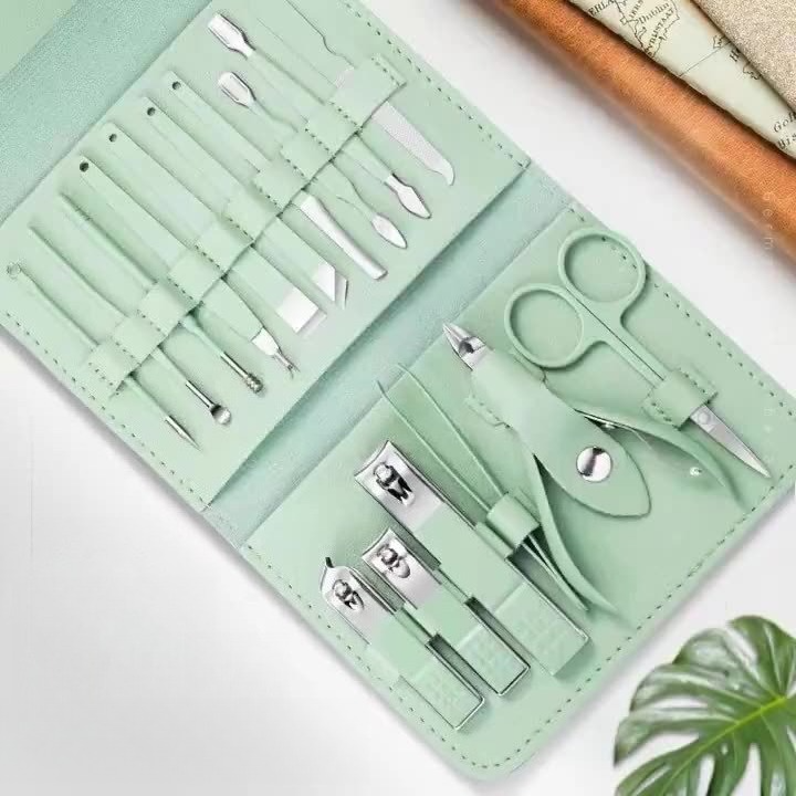 16-Piece Stainless Steel Manicure and Pedicure Set, Home Nail Clippers and Cuticle Tools Kit for Hand, Foot, and Facial Care—Green — image 4