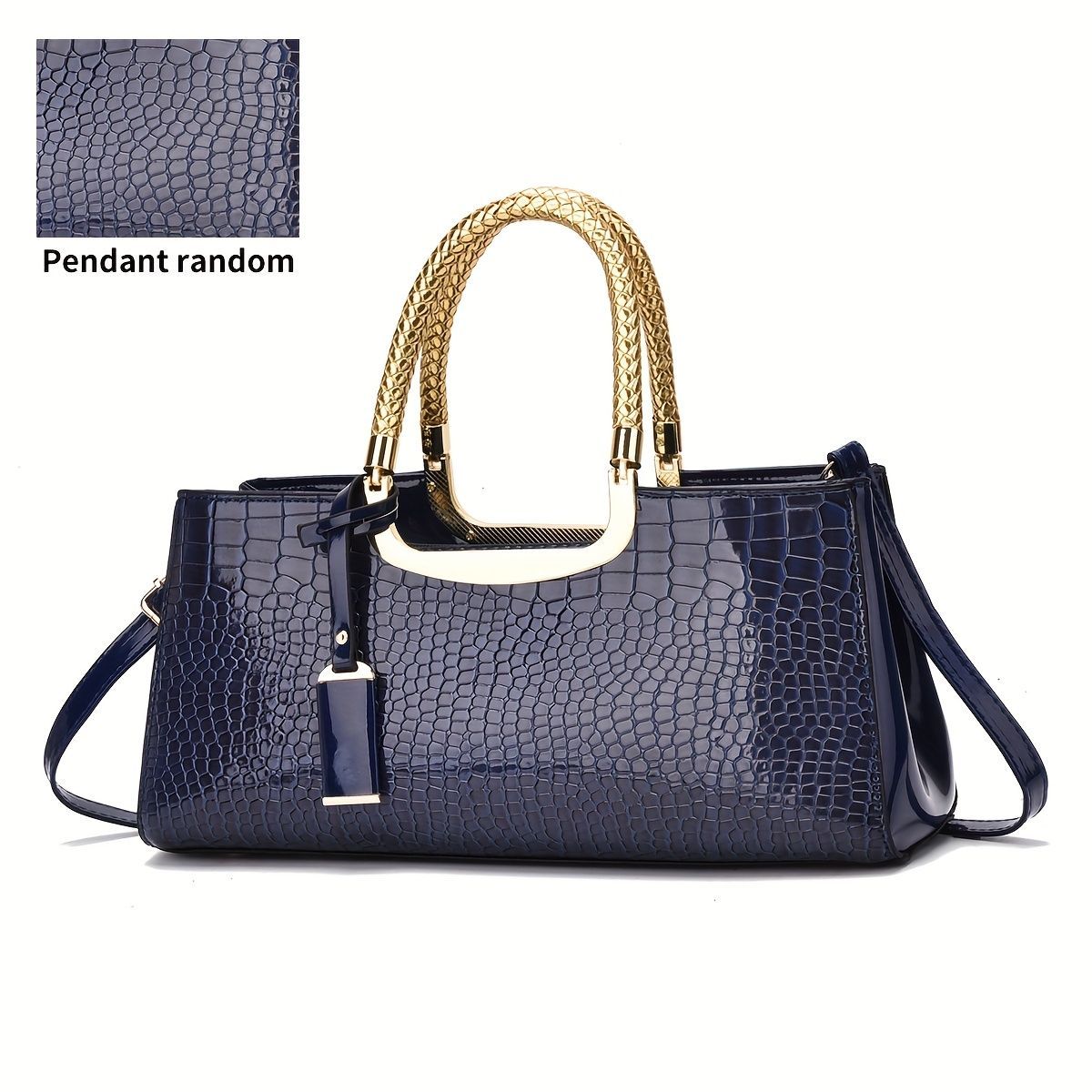 Black Tote Bag Patent Croc Embossed Gold Handles Stylish Accessory High Quality - Light Gray - Size L — image 3
