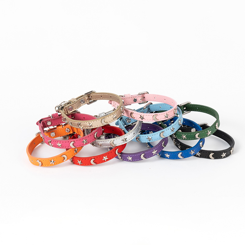 3 pcs Light blue Stylish PU Leather Pet Collar - Anti-Loss, Puppy Bell, Star & Moon Design Width 1.2cm Total Length 35cm — image 3