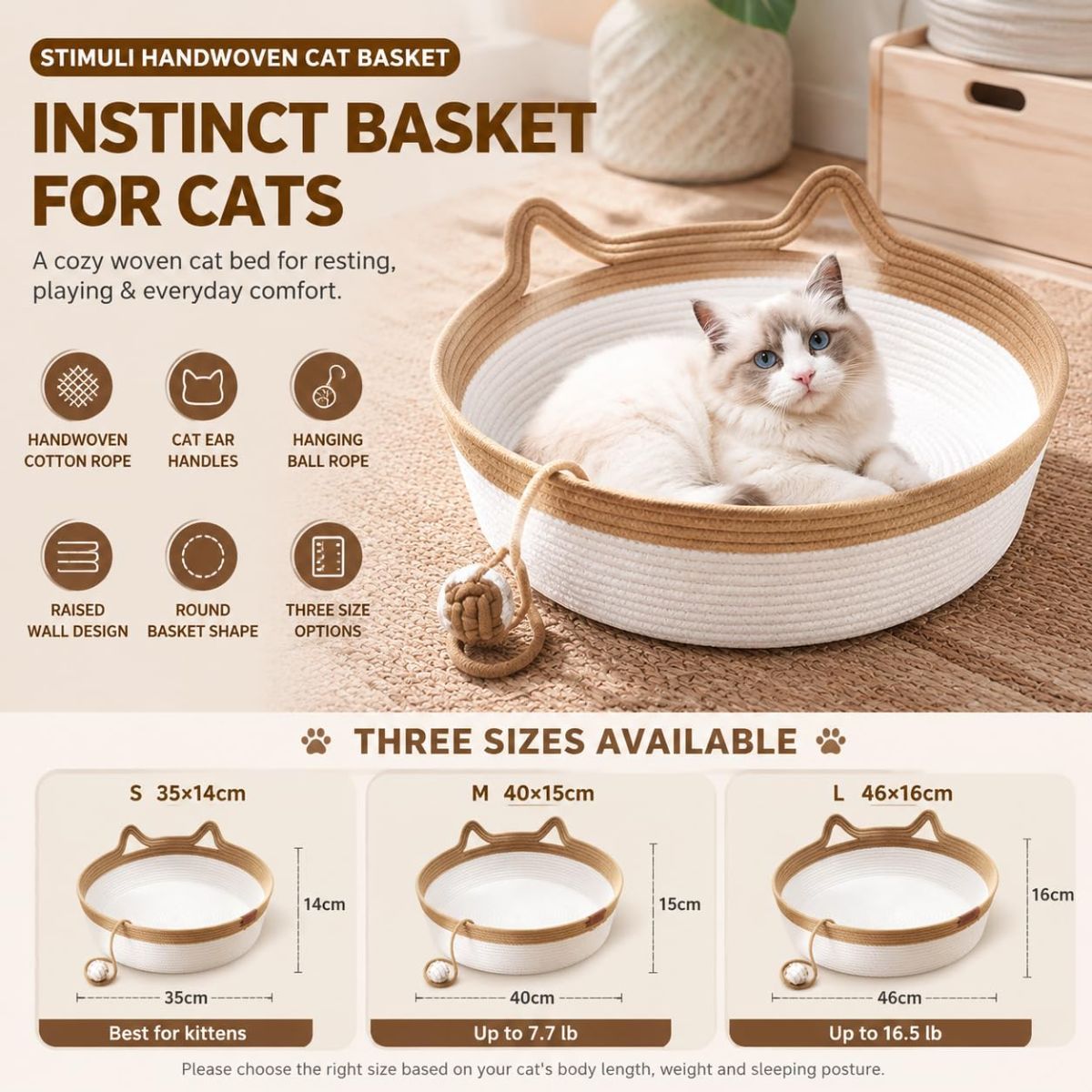 Cat Basket Hand-Woven Cat Bed Cat-Ear Handles Cotton Rope Cat Bed Indoor Cat - Gray - Size M — image 3