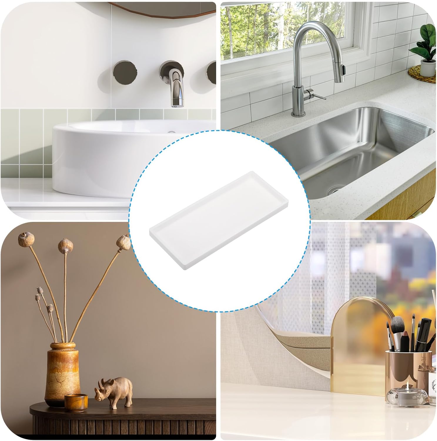 Silicone Bathroom Tray, 12" x 5" Soap Dispenser Tray Jewelry Organizer Dish for Restroom, Dresser, Kitchen Sink Jewelry, Coin, Key, Pure White 11.8" 4.9" 0.8" — image 6