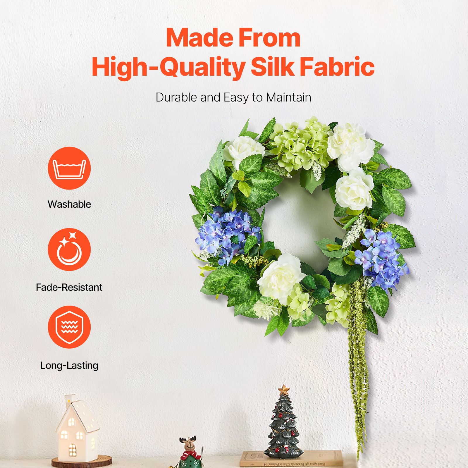 Artificial Decorative Wreath 58.42 cm Blue White Green Hydrangeas Roses — image 3