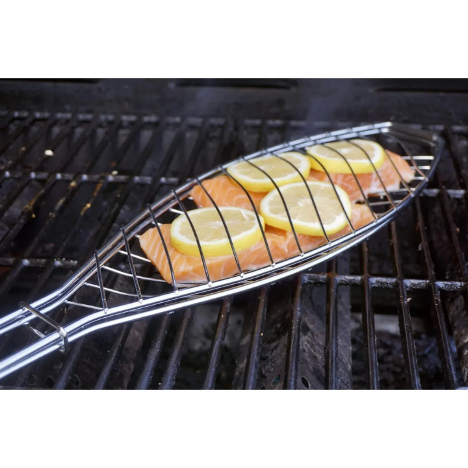 Stainless Steel Folding Fish Grill Basket with Wooden Handle, Non Stick BBQ Grilling Basket for Vegetables, Fish, Meat, Steak, Shrimp, 22.2 × 5.9in