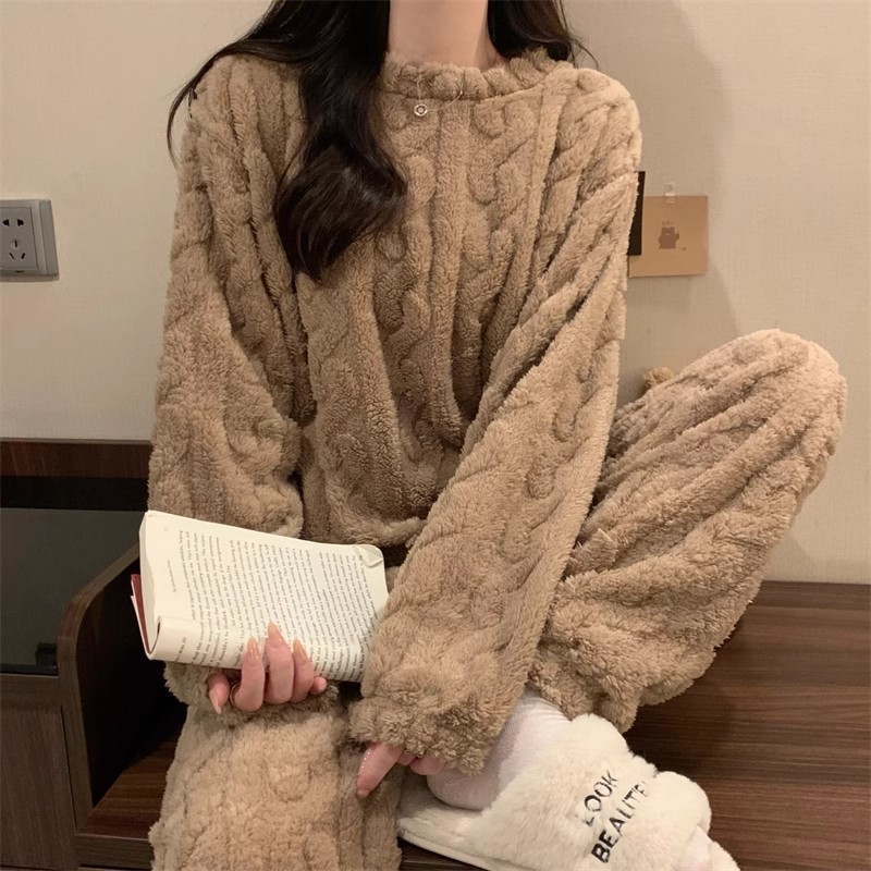 Khaki Coral Fleece Jacquard Thermal Pajama Set — Autumn/Winter Fleece-Lined, Thickened, Casual Loungewear — image 4