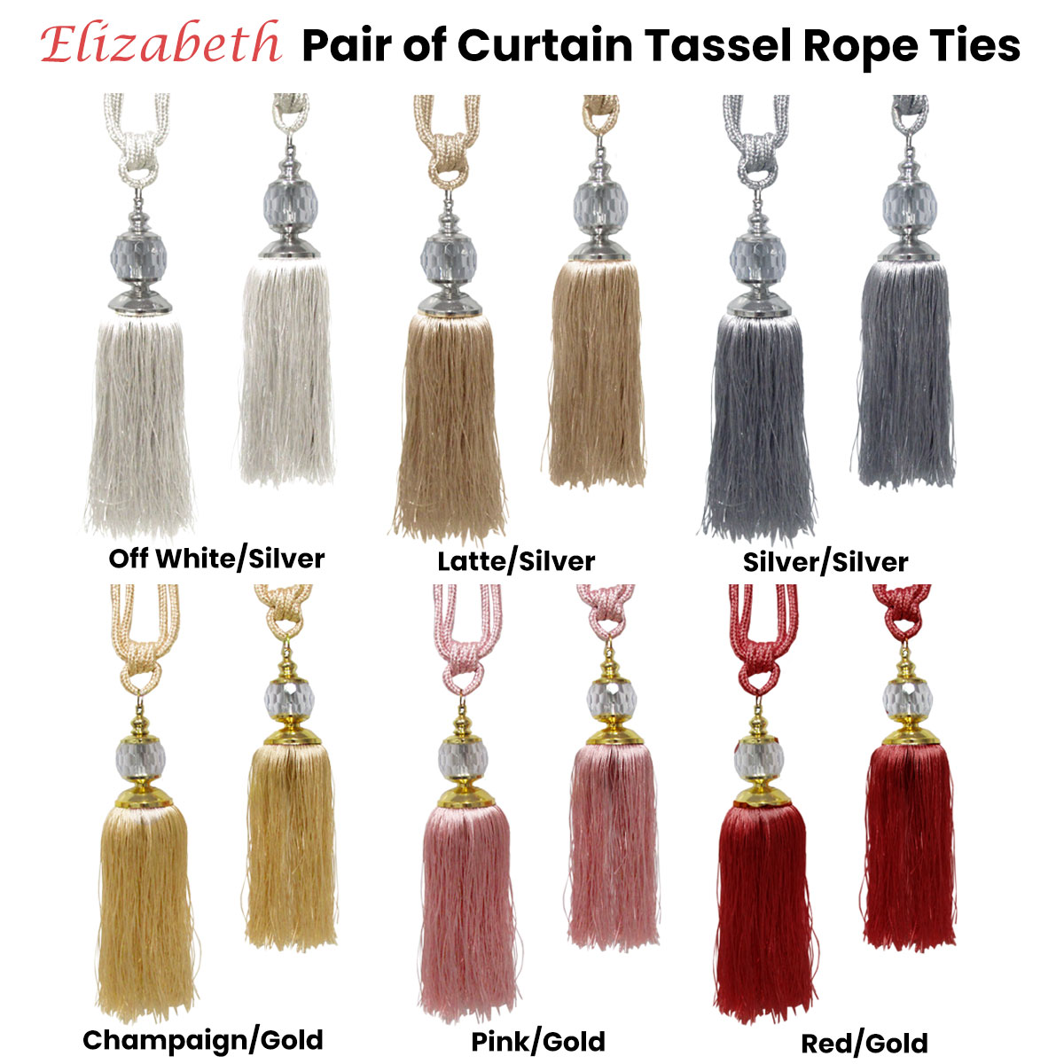 Elizabeth Pair of Curtain Tassel Rope Ties Latte/Silver โ image 2
