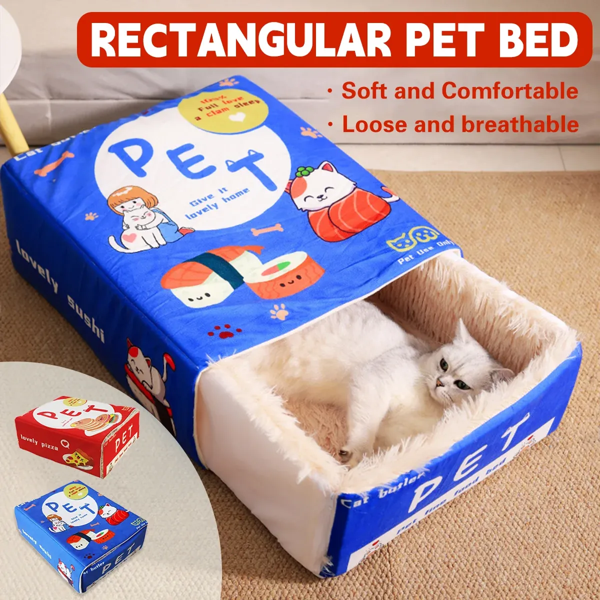 Rectangular Cookie Box Pet Bed for Cats Dogs Cat Bed Kitten Puppy Soft Pet House - Blue M — image 2