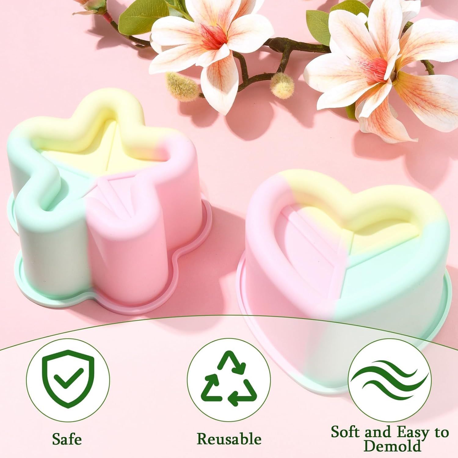4 Piece Colorful Silicone Baking Mould Set - Heart Star Square Round Shapes Food Grade Cake Mousse Pudding Dessert Molds — image 3