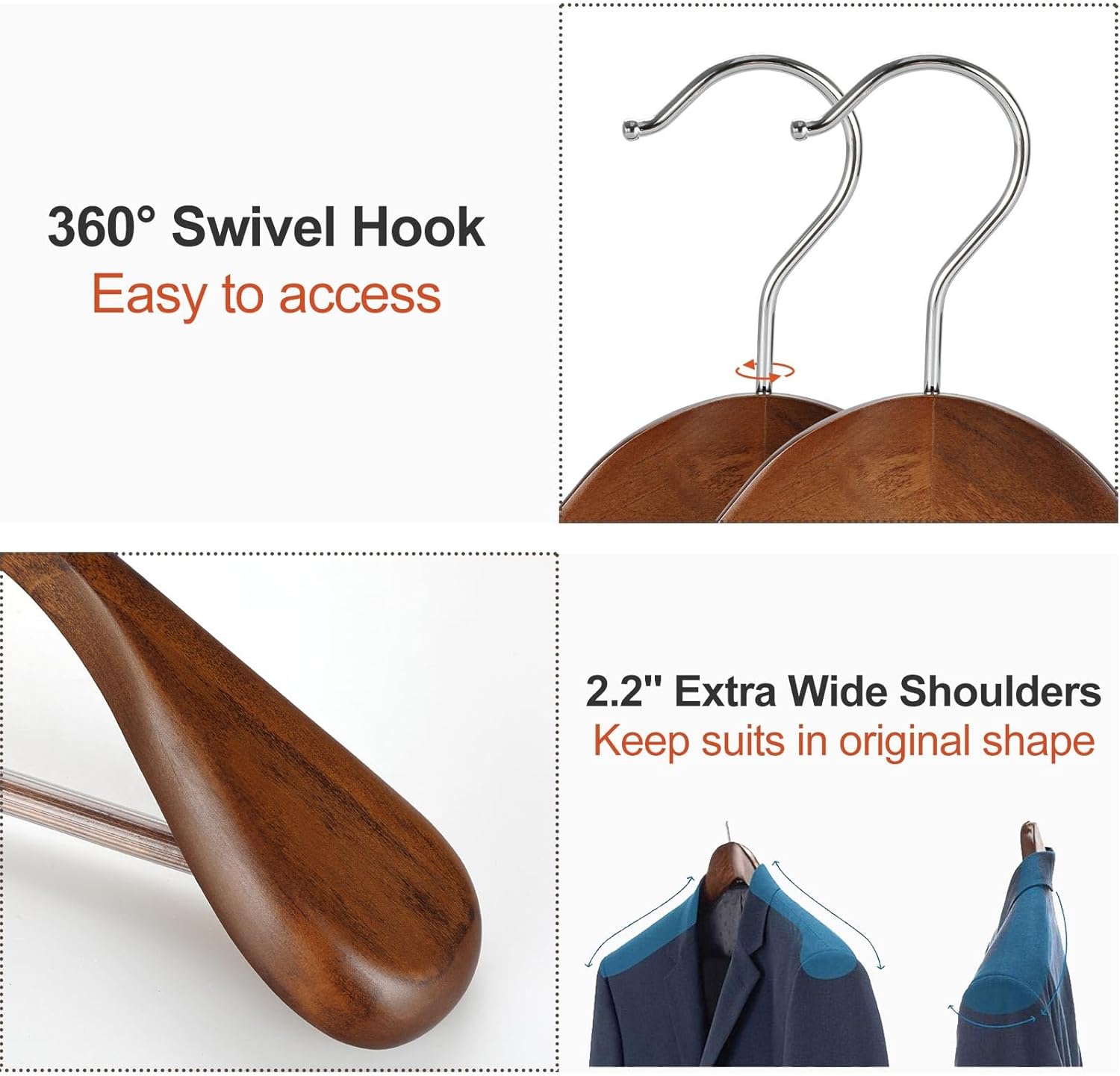 TOPIA HANGER Wide Shoulder Wooden Hangers, Suit Hangers with Non Slip Pants Bar & 360° Swivel Hook, Solid Wood Heavy Duty Coat Hanger, 6 Pack (Walnut)-CT02WA — image 3
