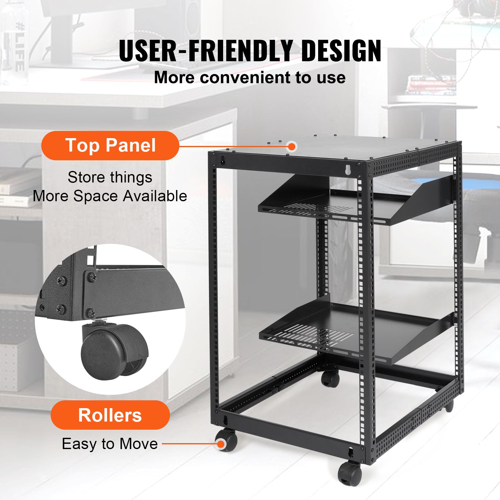 15U Open Frame Server Rack, 23-40 in Adjustable Depth, Free Standing or Wall Mount Network Server Rack, 4 Post AV Rack with Casters, Holds All Your Networking — image 5
