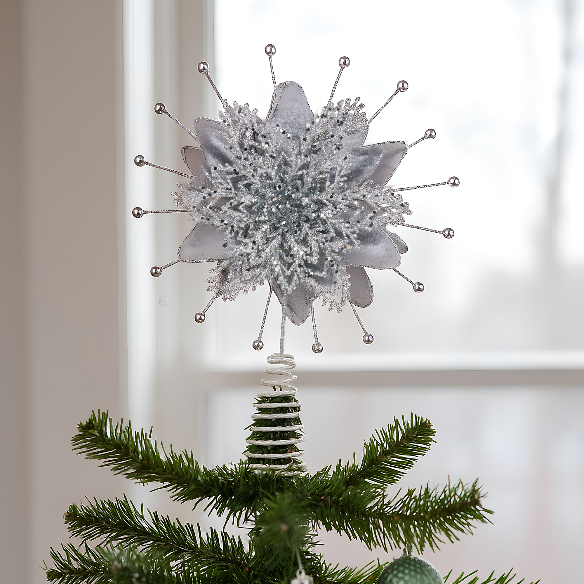 Christabelle Christmas Tree Topper Poinsettia Decoration Ornament Silver Petals — image 4