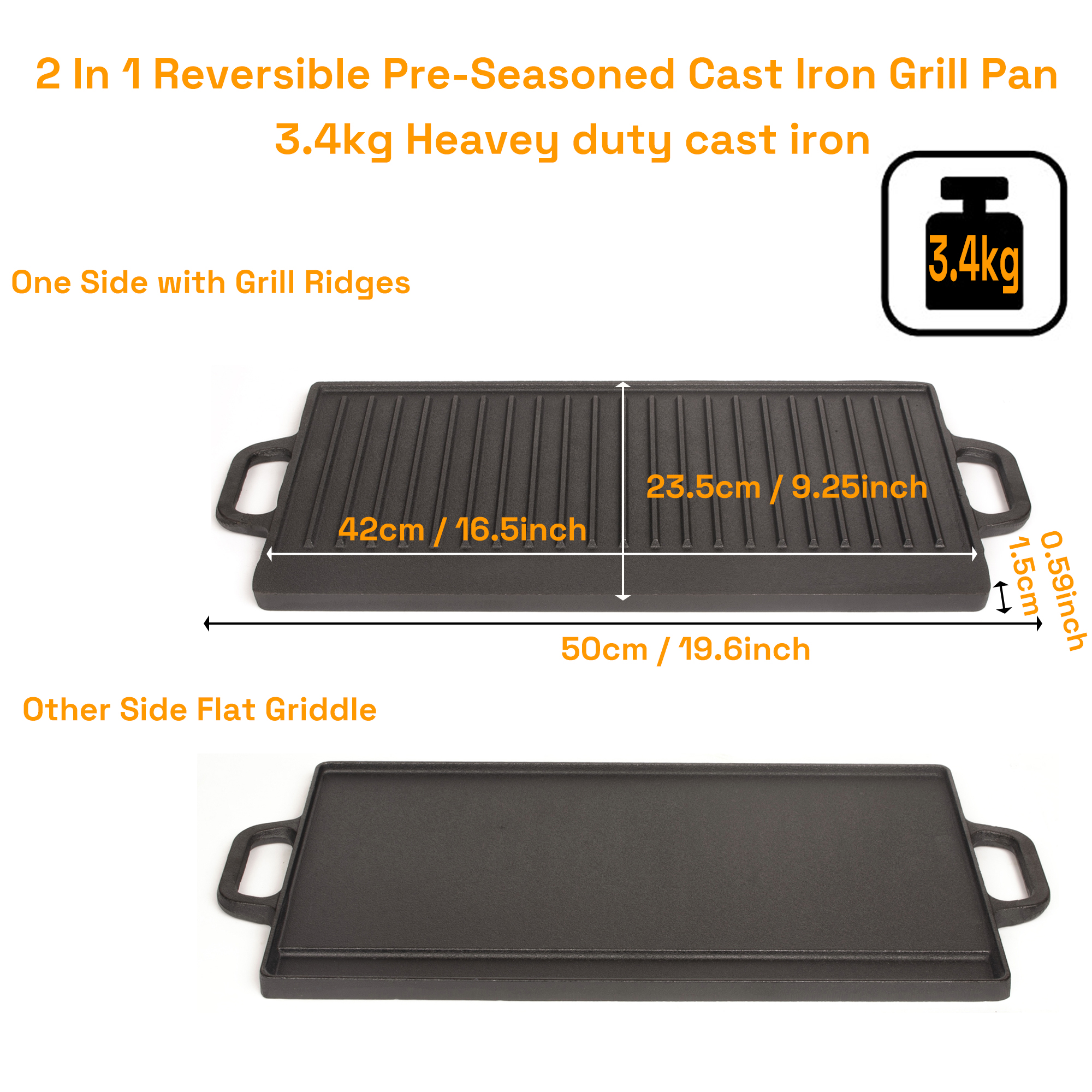 50 cm Reversible Cast Iron Grill & Griddle -Dual-Sided (Flat & Ribbed), Pre-Seasoned, Handles, for Stove-Top & Outdoor Use โ image 2