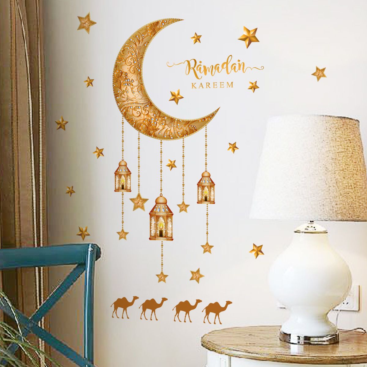 Wall Decor Stickers Islamic Muslim Wall Stickers Eid Mubarak Wall Decals Lantern Moon Star Window Clings for Home Wall — image 4